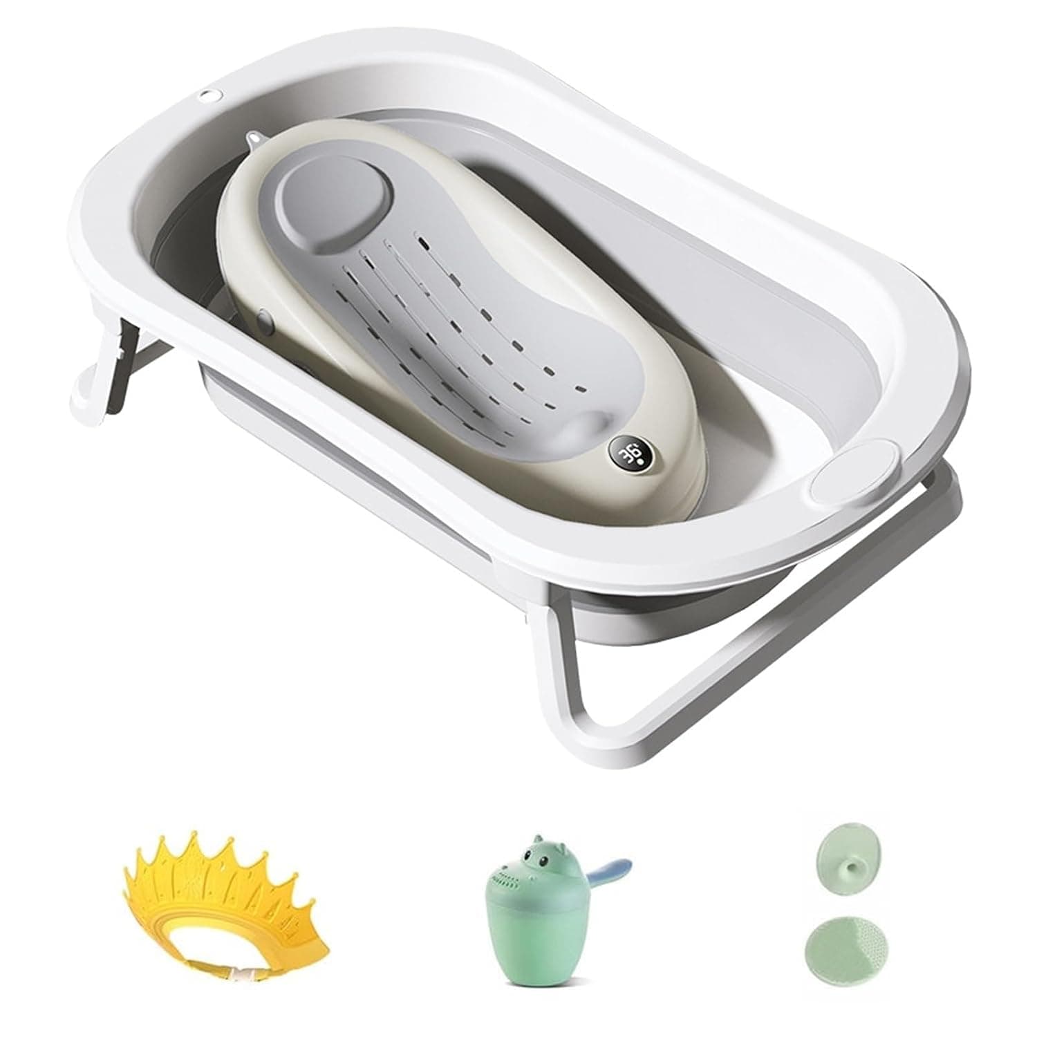 5 PCS Baby Bath Tub Foldable Bathtub With Baby Bath Chair + Shower Cap *1 + Washing Hair Shower Shampoo Cup *1 + Shampoo Brush *1