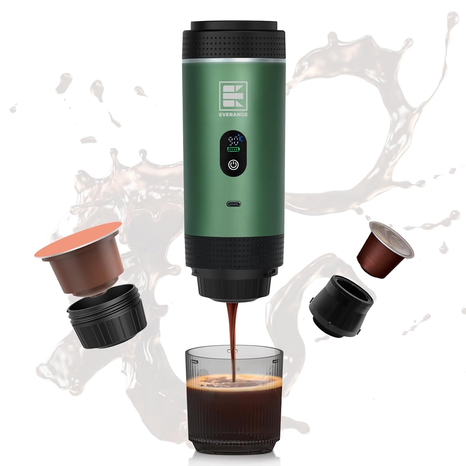 Portable Electric Espresso Machine, Travel Coffee Maker Brewer Compatible with Ground Coffee & NS Capsules (Green with LCD Screen)