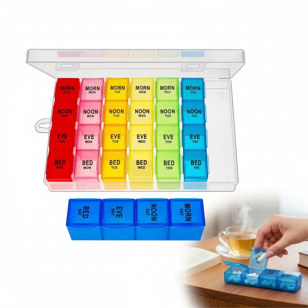 Weekly Pill Organizer 7 Day, 4 Times A Day AM PM, Large Capacity Medicine Dispenser Container for Vitamins, Fish Oils, & Supplements, Portable Travel Daily Dose Pill Box Case