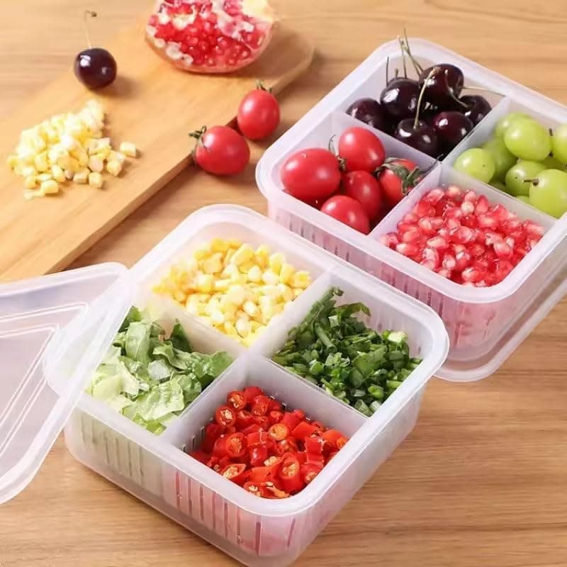 صينية خضروات مقسمة من اكس سبرينج، قطعتان من حاويات تخزين الطعام مع غطاء، 4 اقسام للثلاجة للوجبات الخفيفة والفواكه والخضروات والسلطة واللحوم