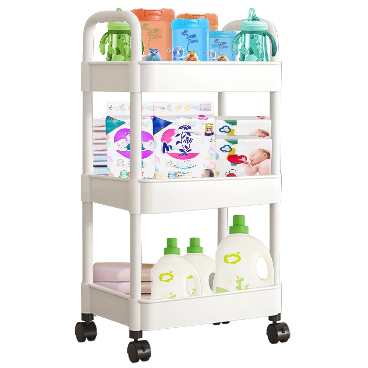 Baby Diaper Cart, Plastic Movable Diaper Cart Newborn Nursery Essentials Baby Diapers Organizer for Changing Table & Crib, Easy to Assemble, White