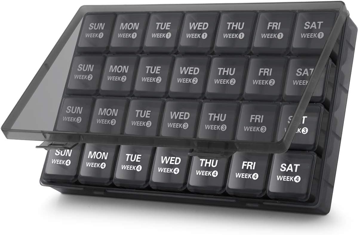 Monthly Pill Organizer 28 Day Pill Box, Large Monthly Pill Organizer 4 Weeks,4 Times A Day Daily Vitamin Case Medicine Box,Portable Travel Container for Vitamins Fish Oil Compartments Supplements