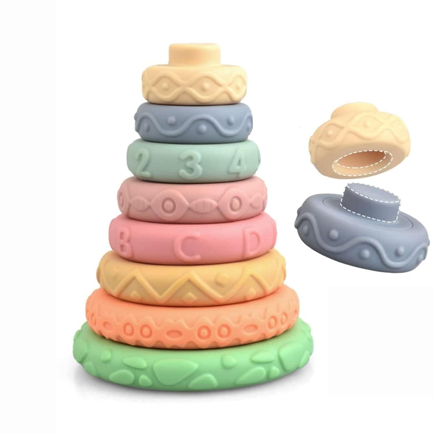 Joyzzz Stacking Toys, 8pcs Soft Silicone Building Blocks, Nesting Rings with Textured Letters Numbers and Fruits, Montessori Sensory Playset for 6-12 Months Infants and Toddlers, Safe for Baby