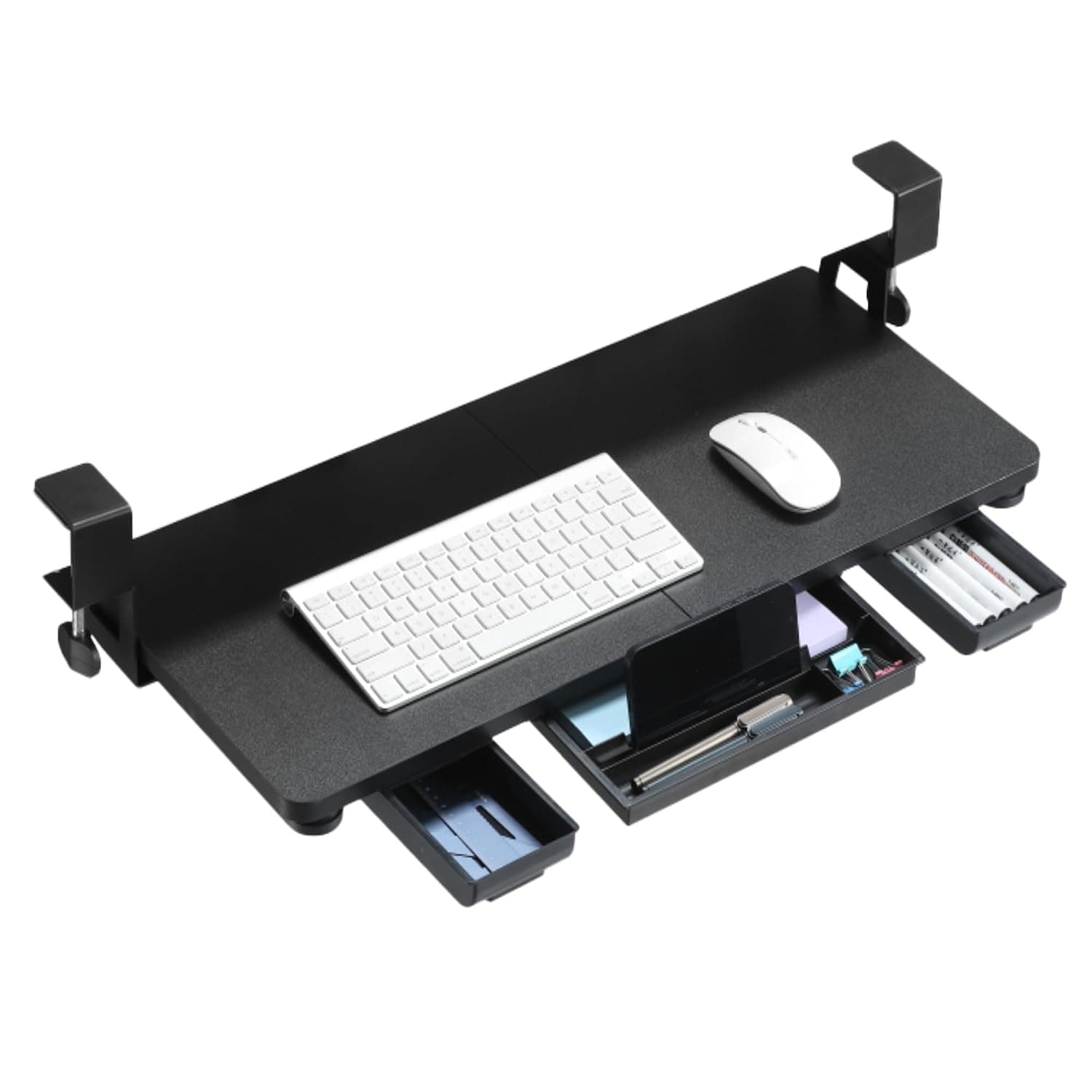 Keyboard Tray Under Desk with Drawer,26.77" X 11.81" Keyboard Tray Large Size with C Clamp-on Mount, Easy to Install, Save Space for Office Desk (Black)