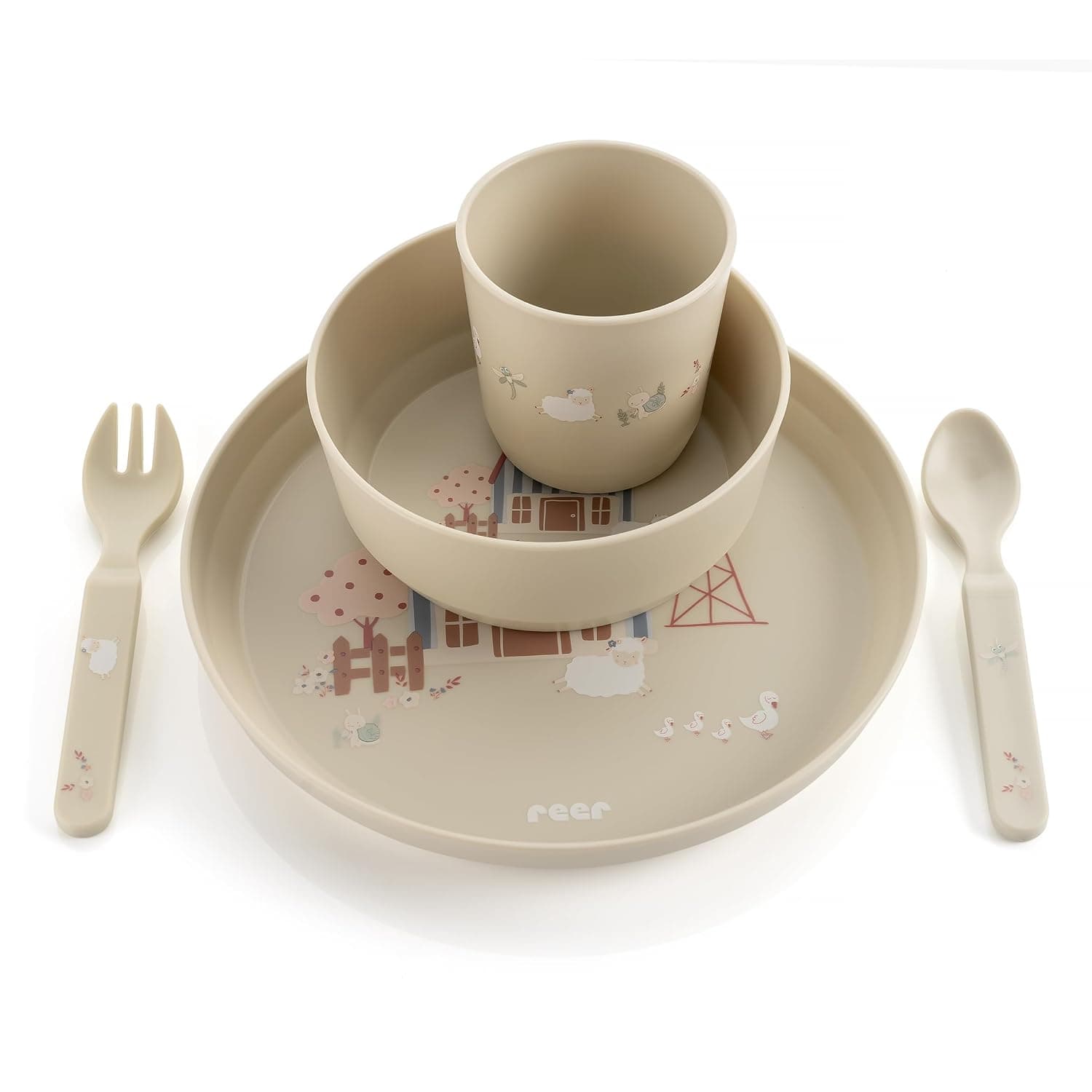 reer Kid's Dinnerware Set | Little Farm Design | Bioplastic Toddler Tableware Made of 100% ISCC Certified Material | 5 Piece | BPA Free | Dishwasher Safe