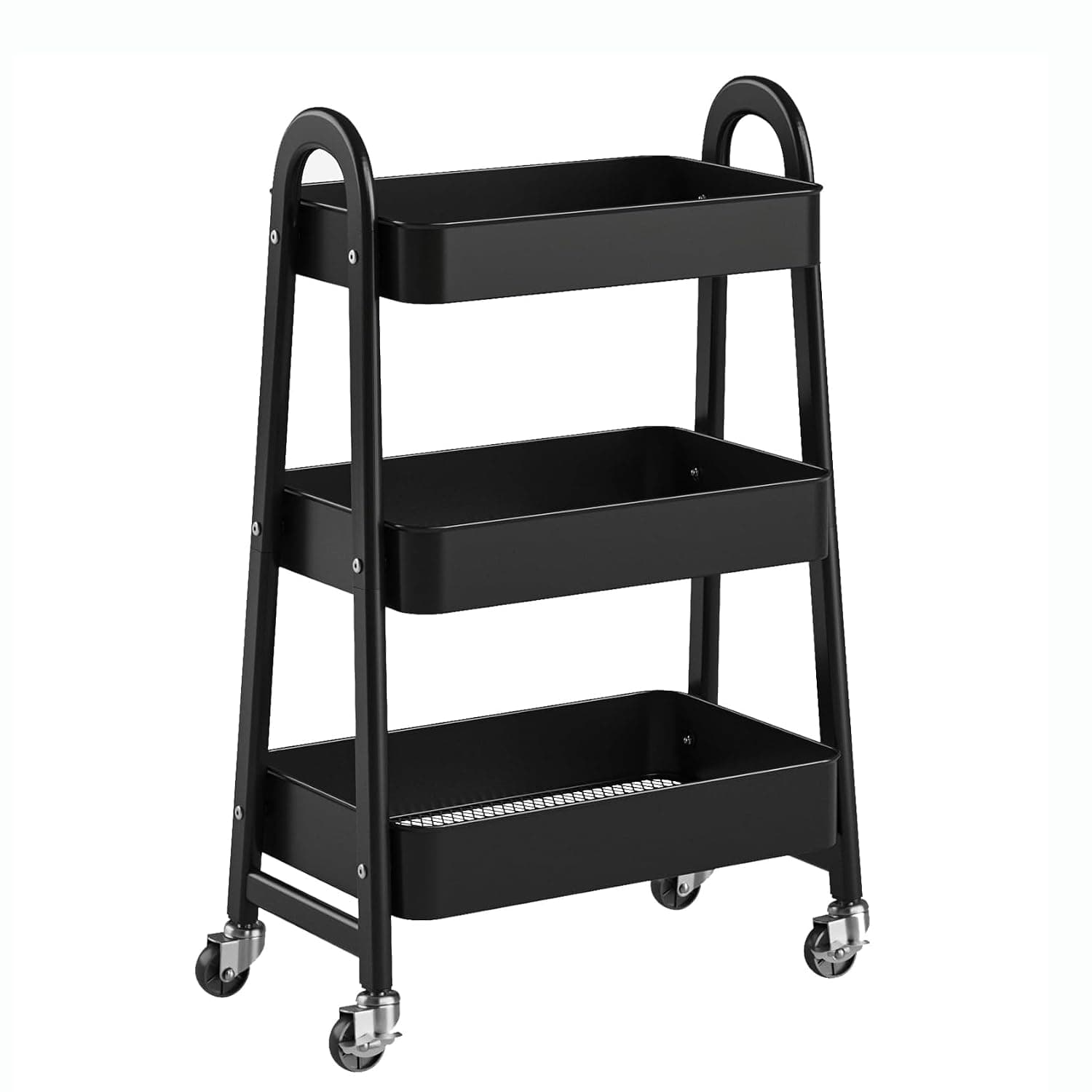 MOMENT 3 Tier Metal Rolling Utility Cart Organizer, 44x31x76cm Multifunctional Storage Rack On Lockable Wheels, Trolley Shelf Unit with Mesh Baskets for Kitchen, Living Room, Home, Garage (Black)