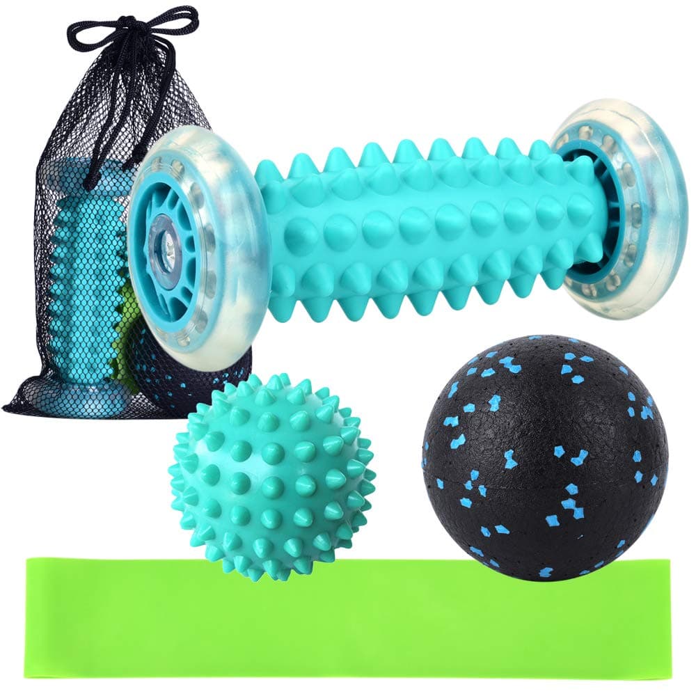 Massage Roller, Andoer Foot Massage Roller Spiky Ball Fascial Ball Resistance Band Storage Pouch Set for Pain Relief Stress Relief Relaxation