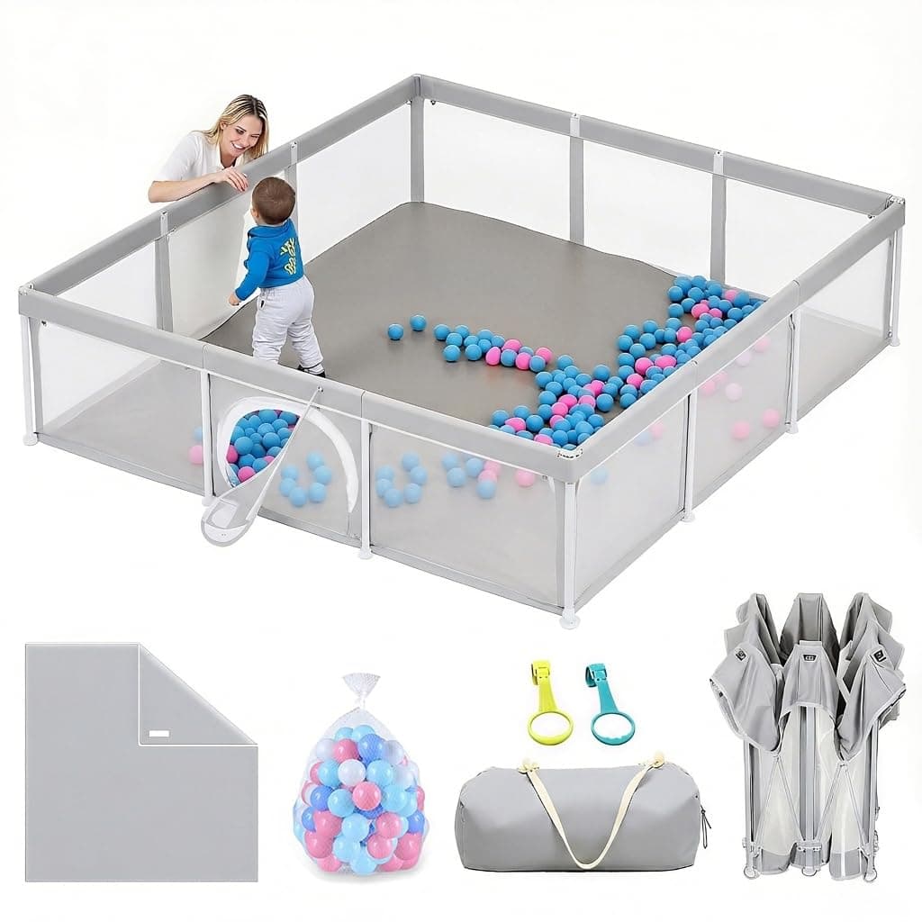 Foldable Baby Playpen with Mat, Foldable Playpen for Babies and Toddlers, Indoor & Outdoor Kids Safety PlayPen, Portable Play Yard with 50 Ocean Balls (light gray, 180 * 180)