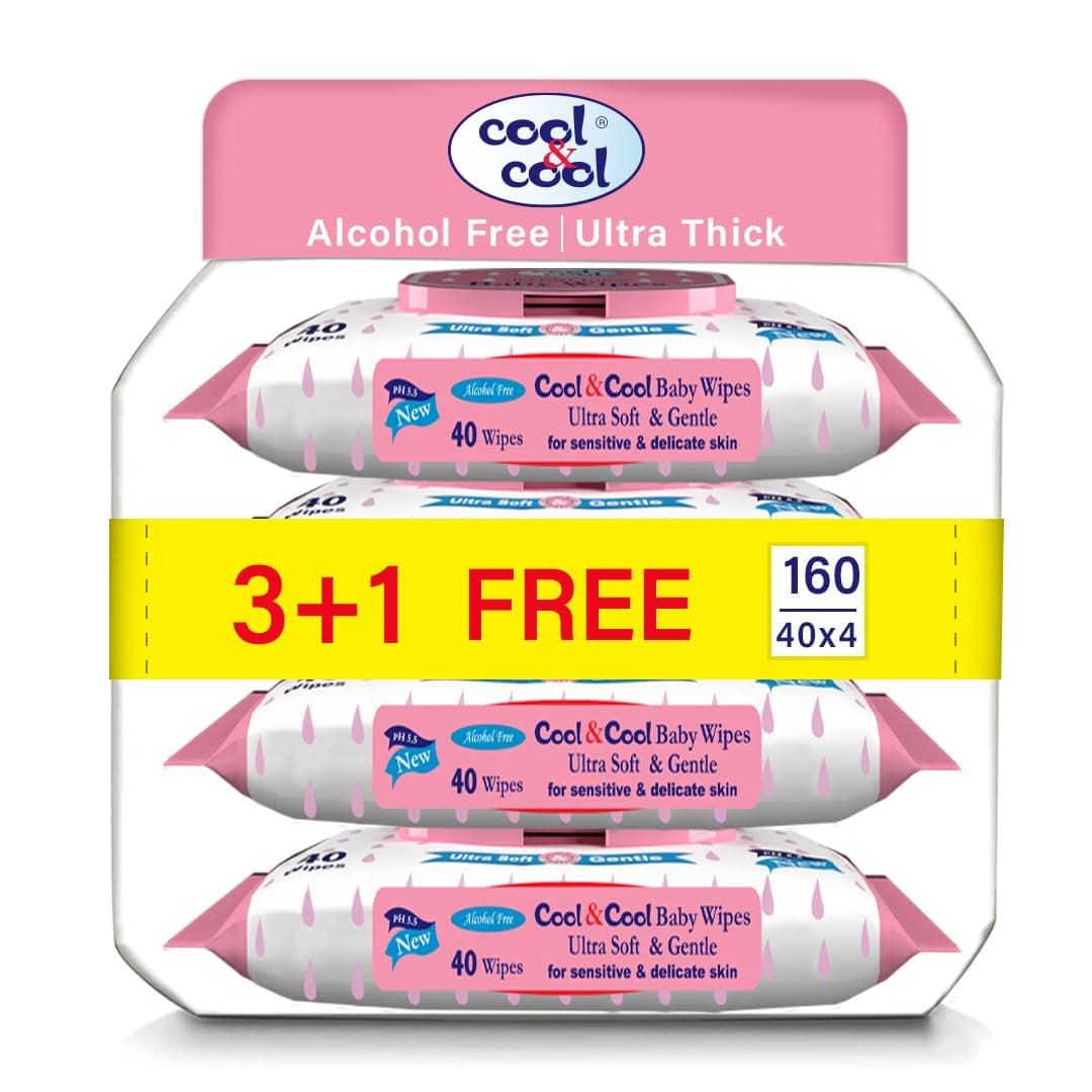 Cool & Cool Baby Wipes 40’s (Pack of 4)-Alcohol Free,Paraben Free,Vitamin E,Aloe Vera,Ultra Soft & Gentle for Sensitive & Delicate Skin - 160 Wipes