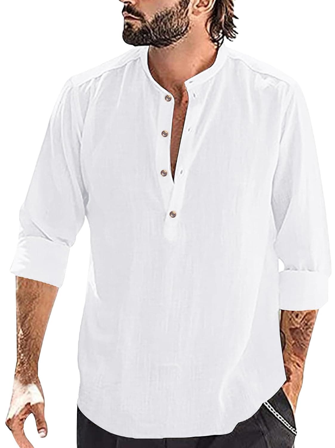 SEAUR Men Henley Shirt Long Sleeve Shirt Stand Collar Button Down Shirt