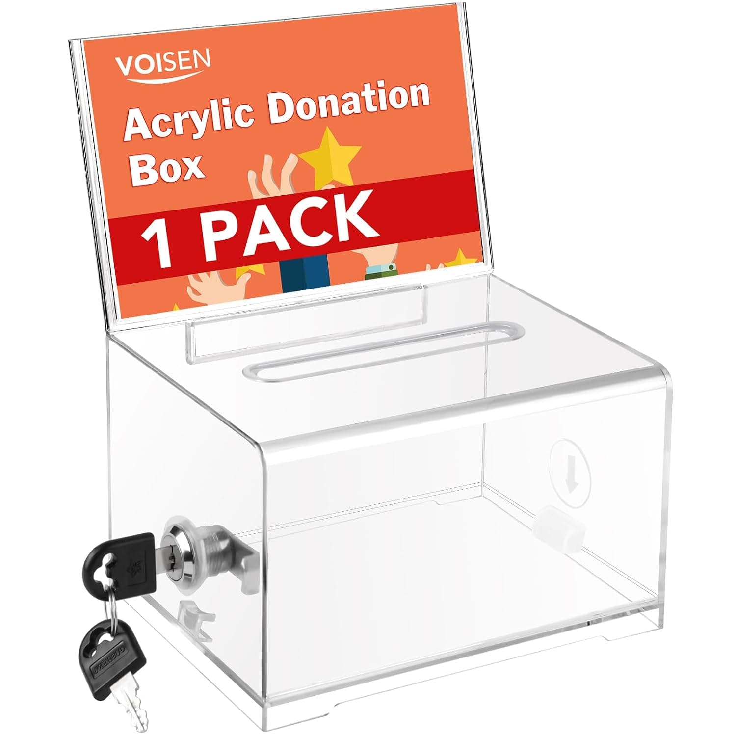 VOISEN Clear Donation Box With Lock, Ballot With Sign Holder, Suggestion for Fundraising, Voting With Slot for School, Conference - 6.2x4.6x3.9 Inch | Suggestion Box for Fundraising, Ballot Box with Slot for School, Donation, Bar, School Voting,Conference 6.2x4.6x3.9 Inch