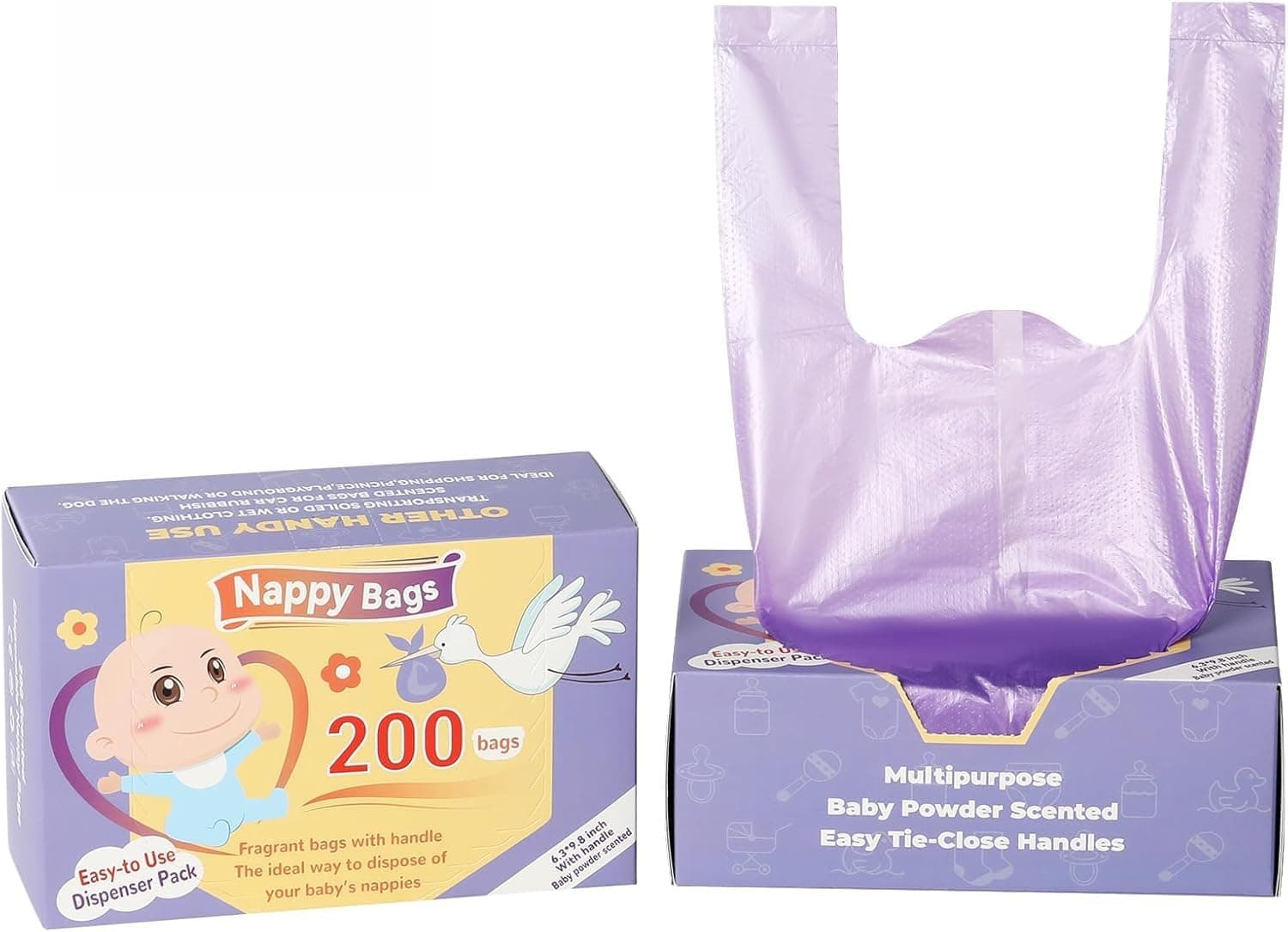 200-Pack Biodegradable Diaper Disposal Bags: Extra Thick Leak-Proof Odor-Lock Lavender Scented Nappy Sacks - Eco-Friendly Portable Baby Waste Bags for Travel, Strollers & Nursery 8"x12"
