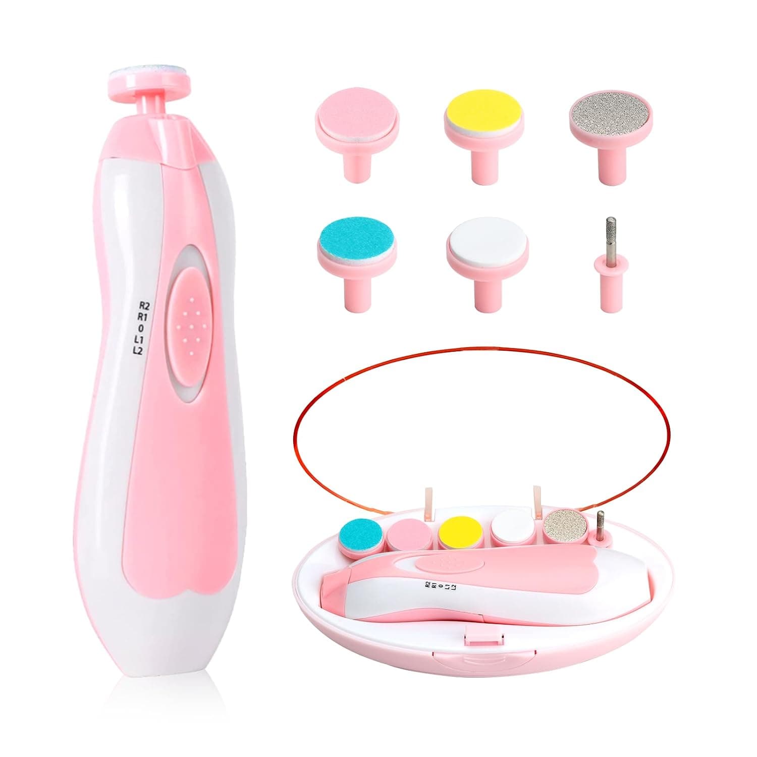 Baby Nail Trimmer, 8 in 1 Baby Nail Clippers Electric, Electric Nail File Baby with Light, Baby Nail Care Kit with 6 Grinding Heads for All Ages