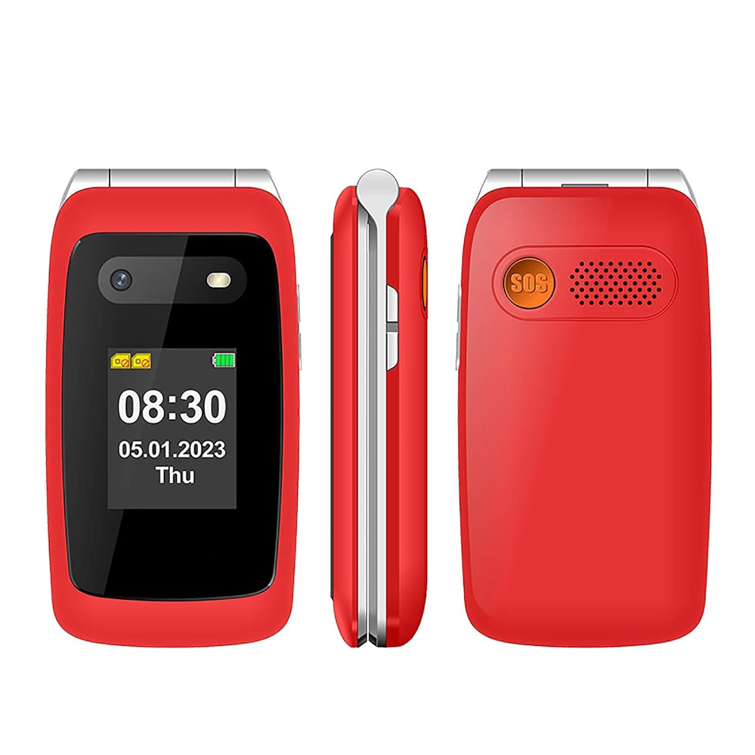 Big Button Elderly Mobile Phone, Unlocked Flip Cell Phone, 2.4/1.77 Inch Dual Screen, 1500Mah Battery+Dedicated Charging Stand, SOS Button/One-click Photo,Red