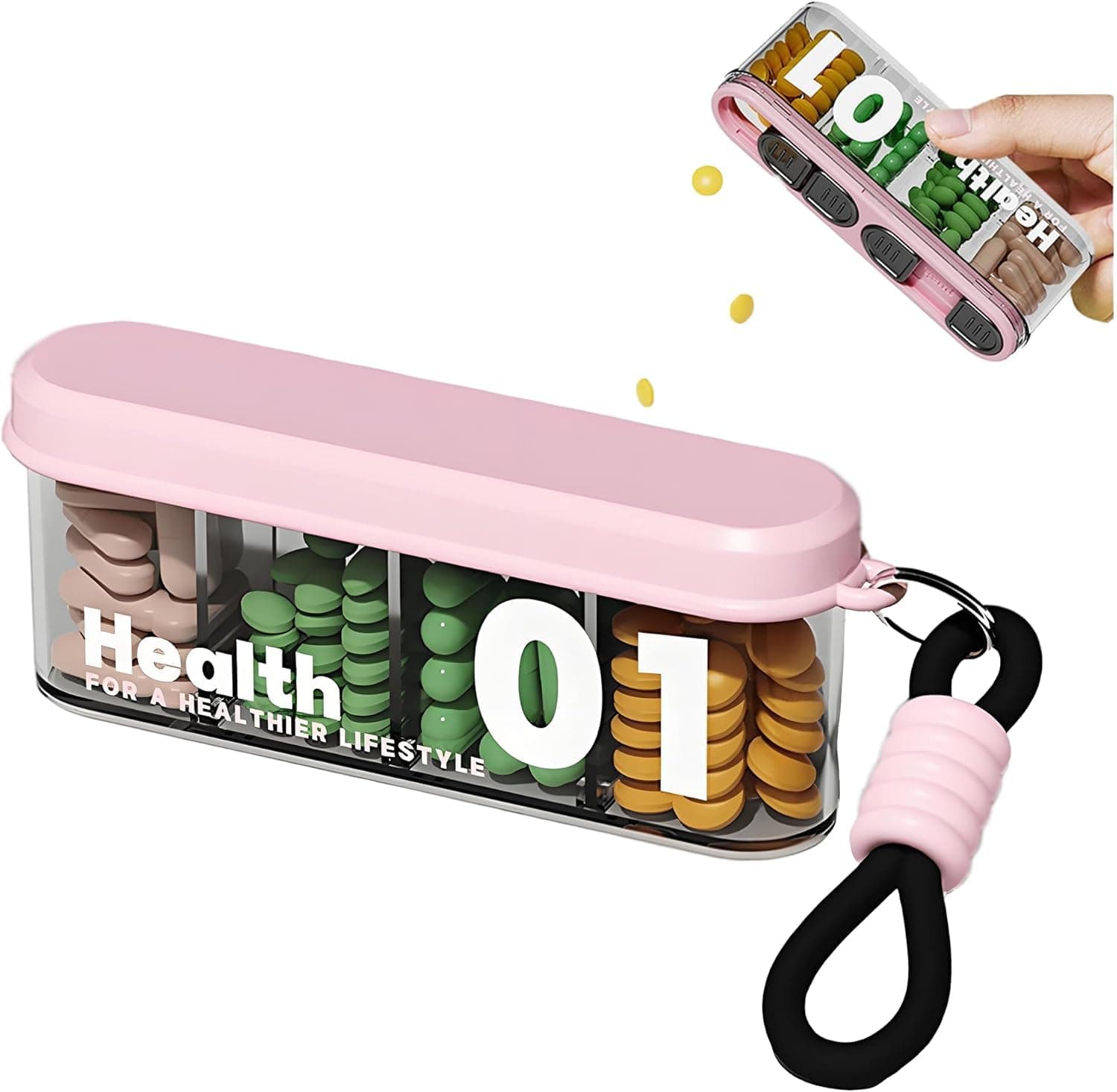 Portable Pill Dispenser - 4 Compartments + 7-Day Weekly Design, Travel Pill Box with Drawer | Strong Seal Anti-Mix Supplement Organizer, Wide Opening Daily Medicine Container(Pink)