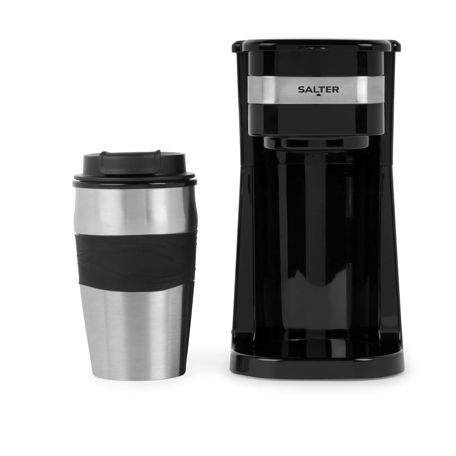 Salter One Cup Coffee Maker – Filter Coffee Machine, Washable & Reusable Filter, Includes 420ml Stainless Steel Travel Mug, Brew Coffee to Go in 3-4 Minutes, Suitable for Ground Coffee/Pads, EK2408