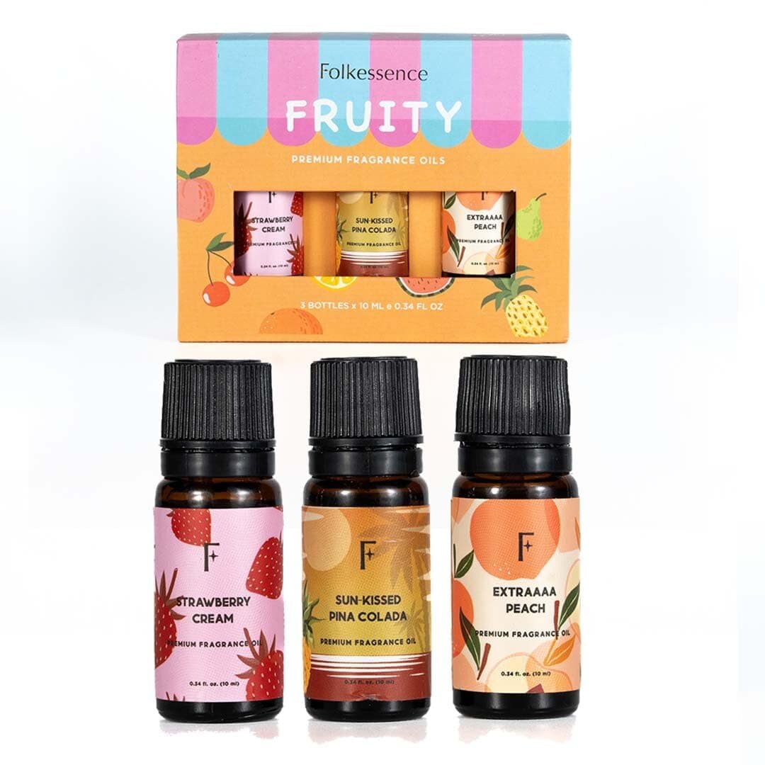 Folkulture Fruity Fields Essential Oils Set for Diffuser | Pack of 3 Fruity Aromatherapy Oils – Peach, Strawberry & Pineapple | Refreshing Home Fragrance for Relaxation & Gifting