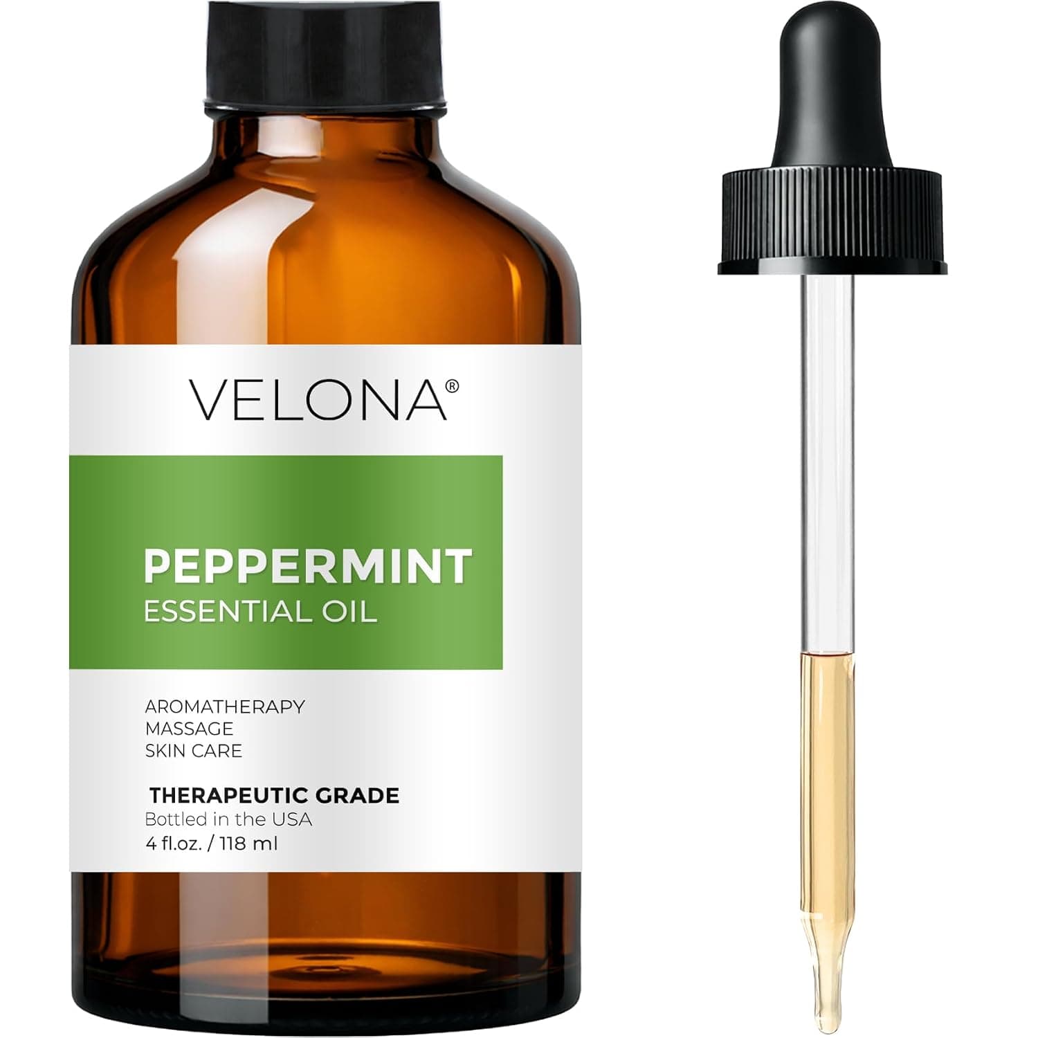 Velona Peppermint Essential Oil - 4 oz | 100% Pure and Natural | Undiluted, Therapeutic Grade | for Face, Hair, Skin Care, Aromatherapy, Massage