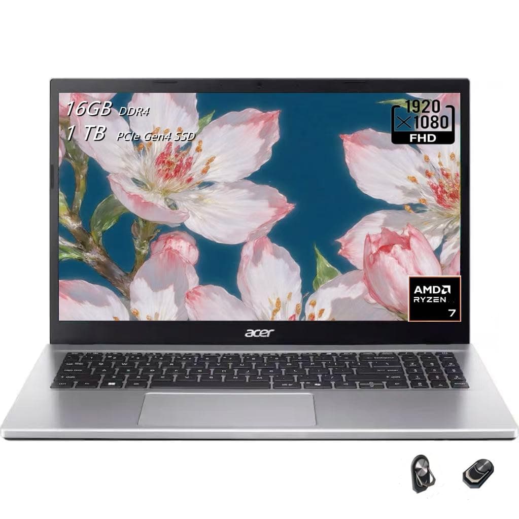 Acer Aspire Go 15 Laptop, 15.6" FHD (1920 x 1080) Display, AMD Ryzen 7 7730U (8-core), AMD Radeon Graphics, 16GB RAM, 1TB SSD, Windows 11 Home, Pure Silver, TWE Accessories