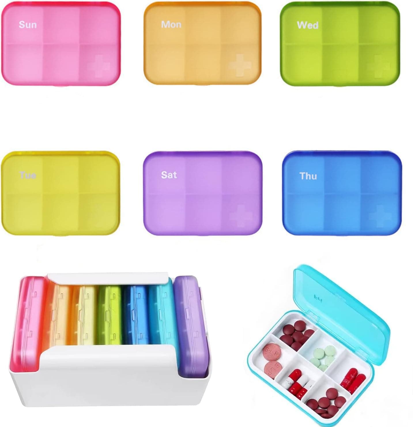 7 Piece Set Pill Organizer 6 Times a Day, Daily Travel Medicine Organizer Portable 7 Day 42 Compartments Pill Box with Moisture-Proof Pill Case Travel Pill Container for Vitamins,Supplements-Color
