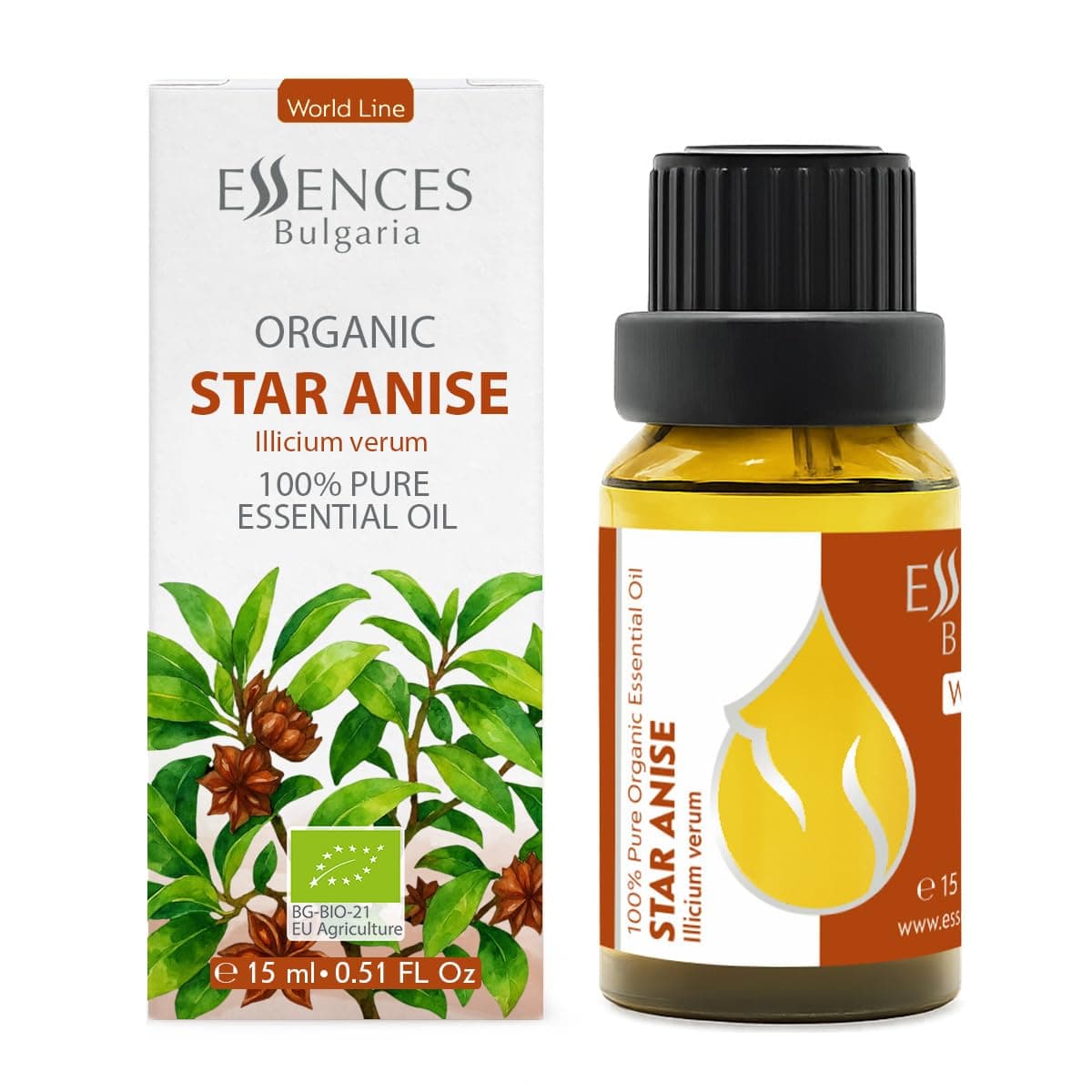 Essences Bulgaria Organic Star Anise Essential Oil | 15ml | Illicium verum | 100% Pure | Natural | Undiluted | Therapeutic Grade | Aromatherapy | Cosmetics | Cruelty Free | Non-GMO | Vegan