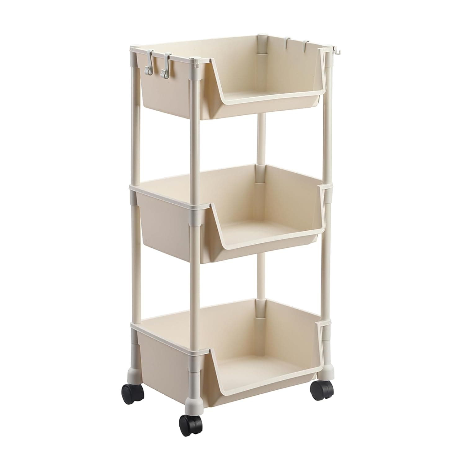 Lawazim Movable Bookshelf Storage - 3 Layer, White, 34.5x25x71cm - Easy to Assemble Rolling Cart with Lockable Wheels, Open-Front Bins, and Side Hooks - for Organizing Home, Office, Kitchen, Bathroom