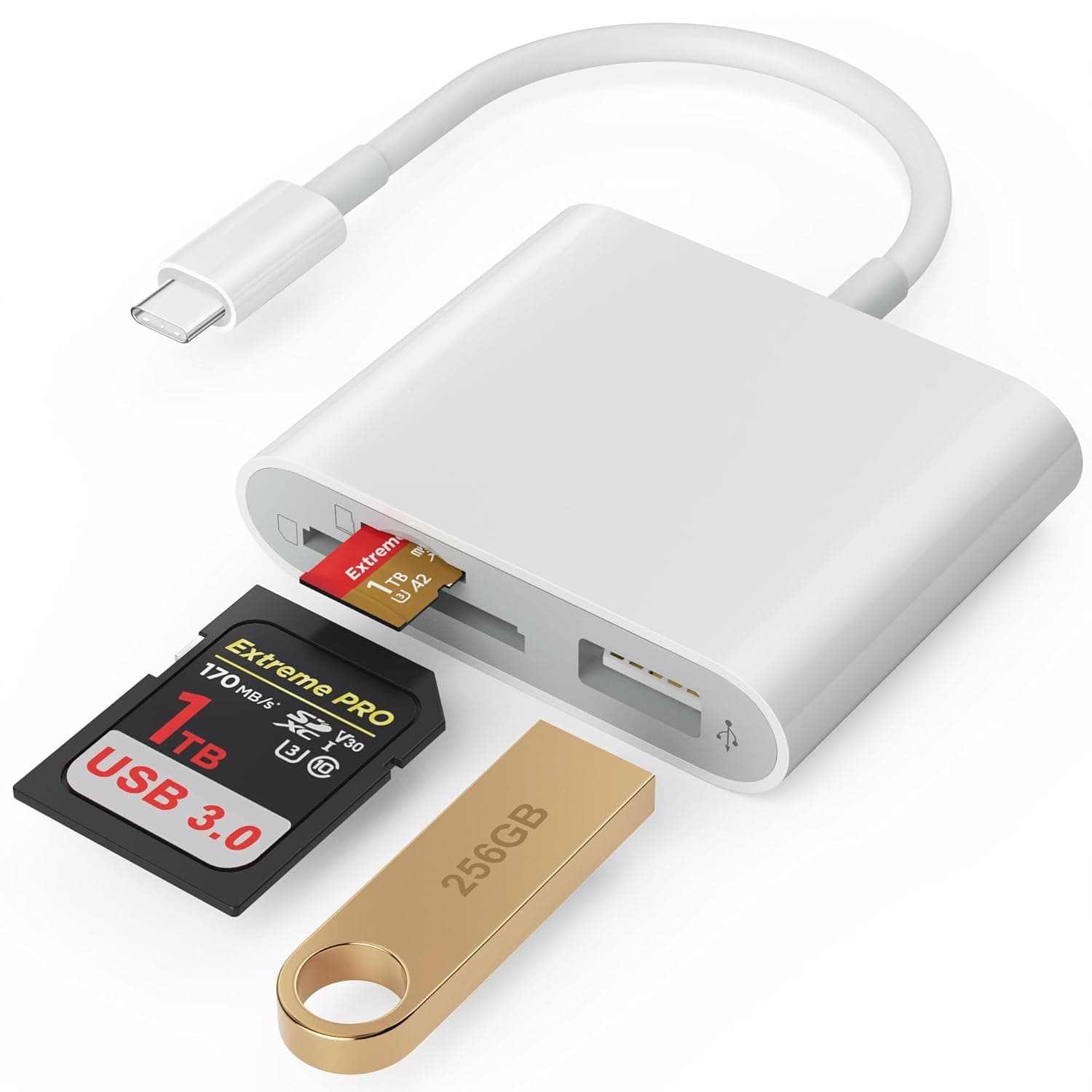 قارئ بطاقة SD USB C مع منفذ USB 3.0، قارئ بطاقة SD 3 في 1 USB C ثاندربولت الى MicroSD TF محول USB قارئ بطاقة ذاكرة USB-C لماك بوك برو/اير ايباد برو M2 سامسونج S21 S22 (ابيض)