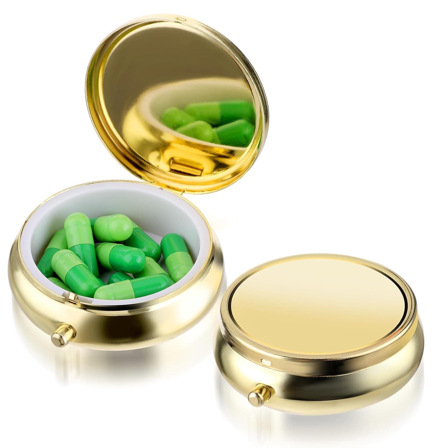 WLLHYF Pill Box Cute Small Pill Box for Purse & Pocket Medicine Organizer Travel Pillbox Waterproof Pill Case Metal Pill Container Holder for Vitamins, Fish Oil, Supplements(Gold)