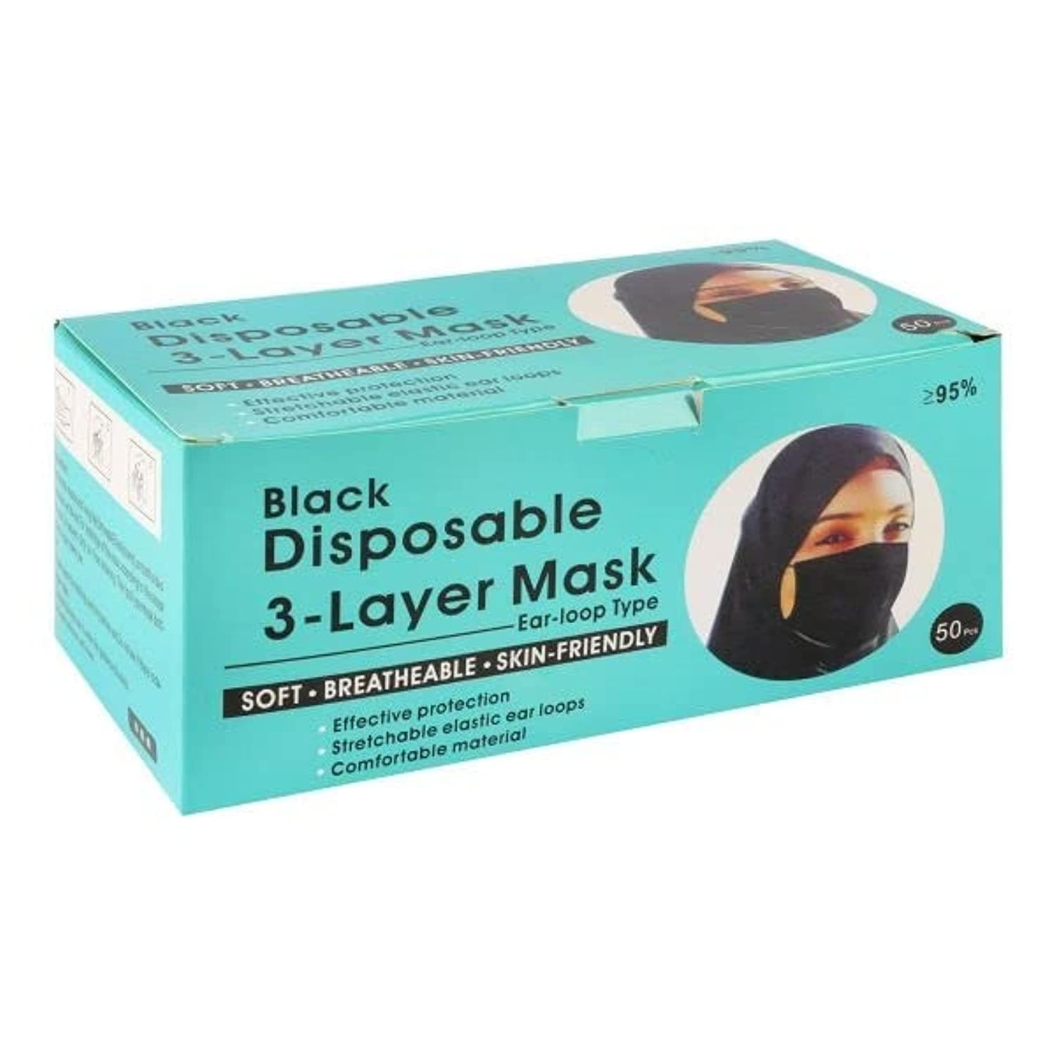 50 pcs Black Disposable three Layer Face Protection Surgical Hygiene Dental Dust Smog Cleaning, MASK-50, Standard Black
