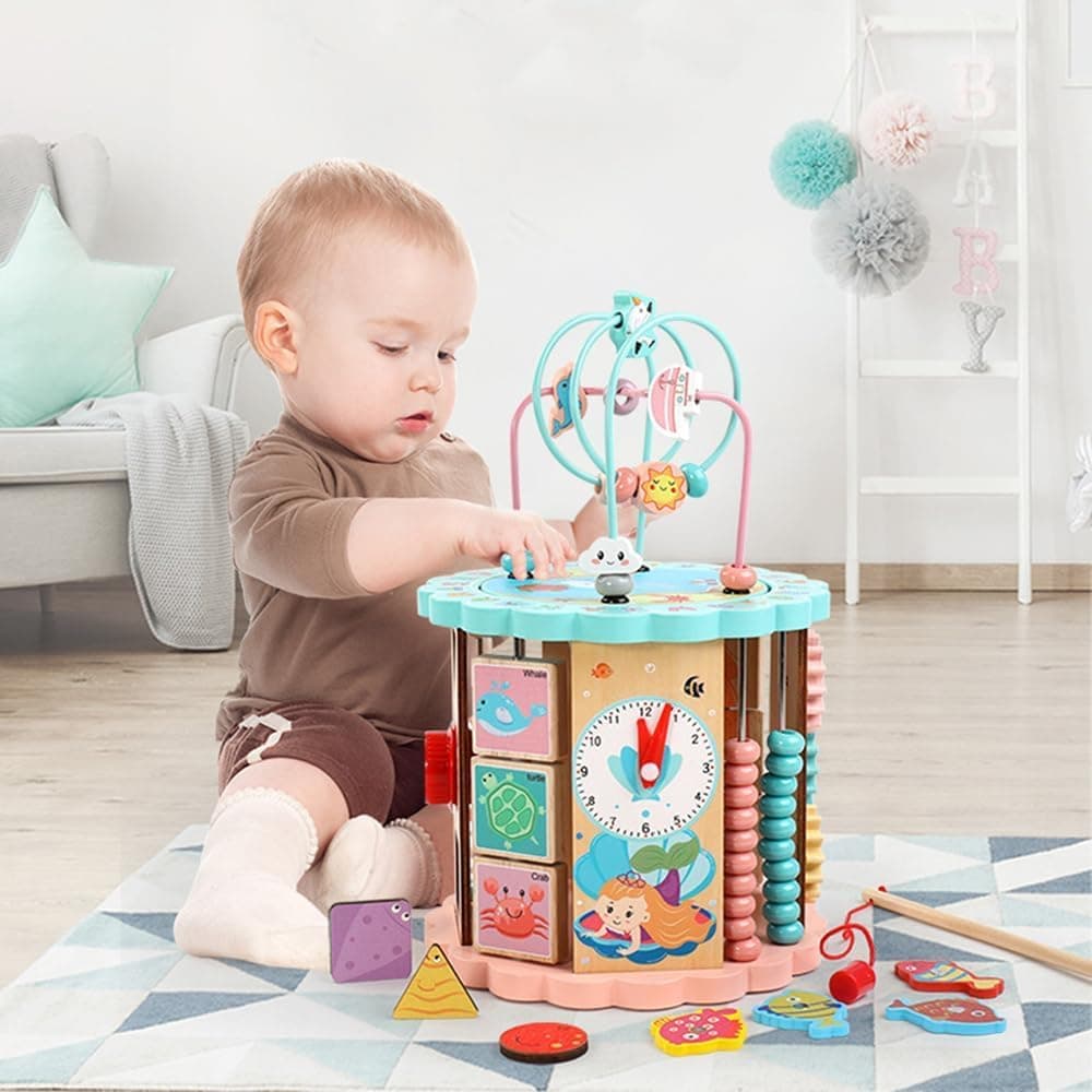 Soofam Wooden Activity Cube for Toddlers 3-6, 8-in-1 Montessori Toys for 36+ Months Babies, Early Educational Toys, Learning Toys for 3 Year Old,Shape Sorter Blocks, Great for Kids Boys Girls