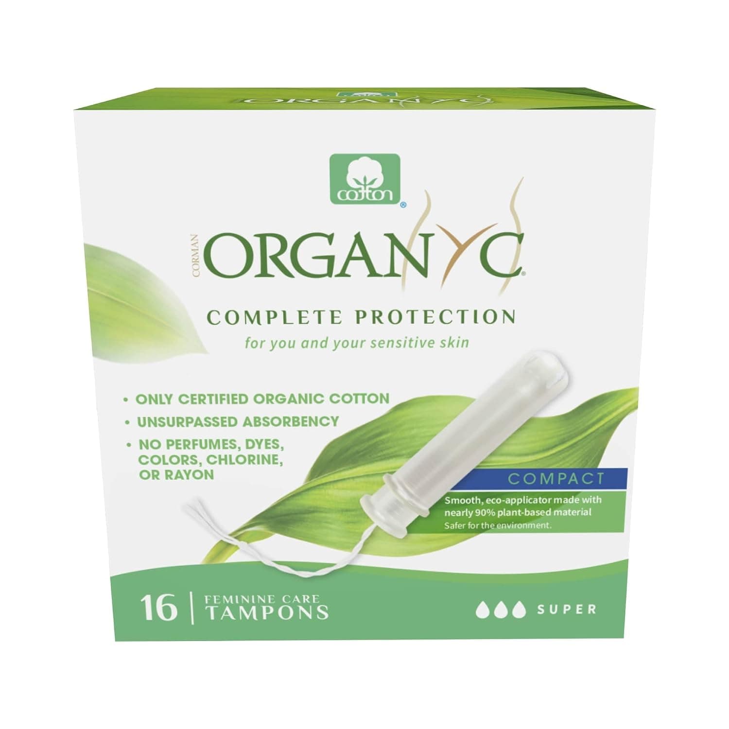 Organyc Complete Protection Feminine Care Organic Cotton Tampons with Compact Applicator, Super, 16 Pieces - Pack of 1