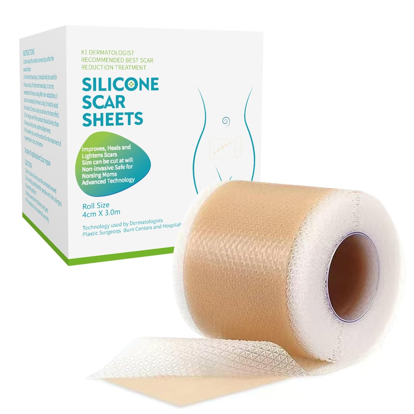 Medical Grade Silicone Scar Sheets, First Aid Tape（1.6”x 120” Roll-3M）Reusable Professional Scar Silicone Strips for Surgical Repair,Keloid/Acne/Burn/C-Section Repair