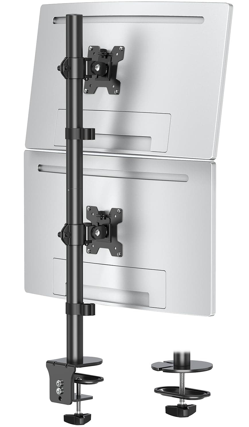 MOUNTUP Dual Monitor Stand Stacked, Vertical Stacked Monitor Mount for 2 Max 32 inch Screens, Computer Monitor Desk Mount with Height Adjustable, Swivel, Tilt, VESA Bracket with C-Clamp & Grommet Base