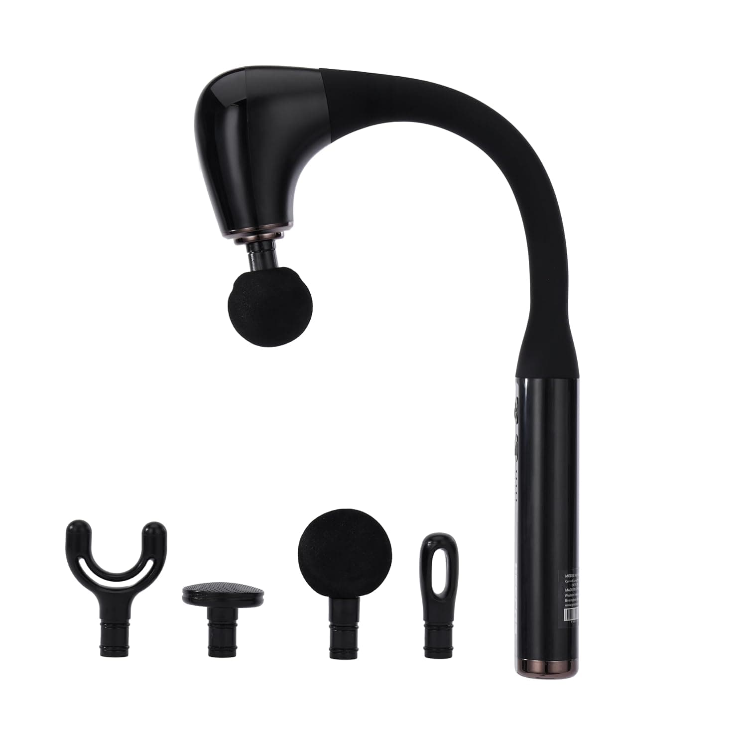 Geepas Curved Long Handle Massage Gun, 5 Speed Settings, 4 Massage Heads, LED Display, 15 Minute Timer, Black