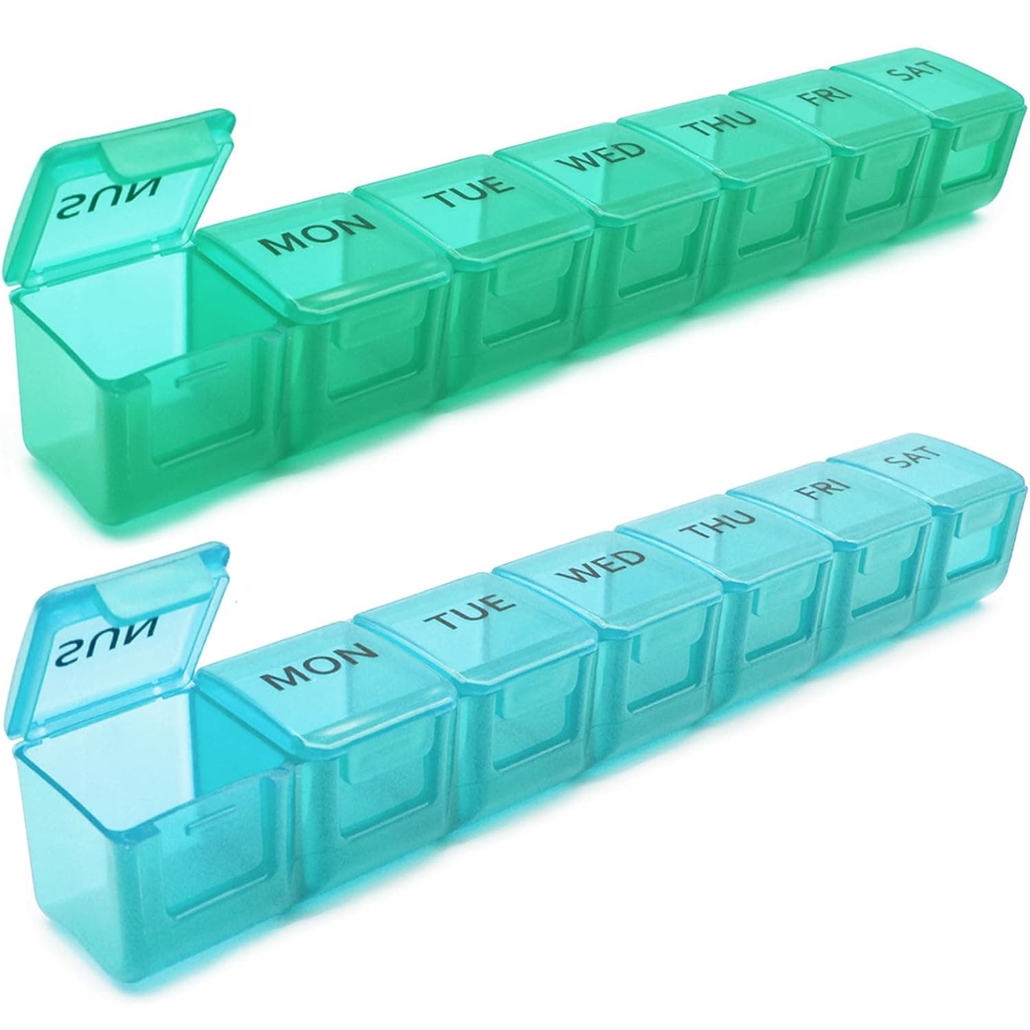 MODENGKONGJIAN 2 Pack Weekly Pill Organizer, Large 7 Day Pill Case, Daily Vitamin Case Medicine Box, AM/PM Pill Containers for Medicine Supplements Fish Oil (Blue & Green)