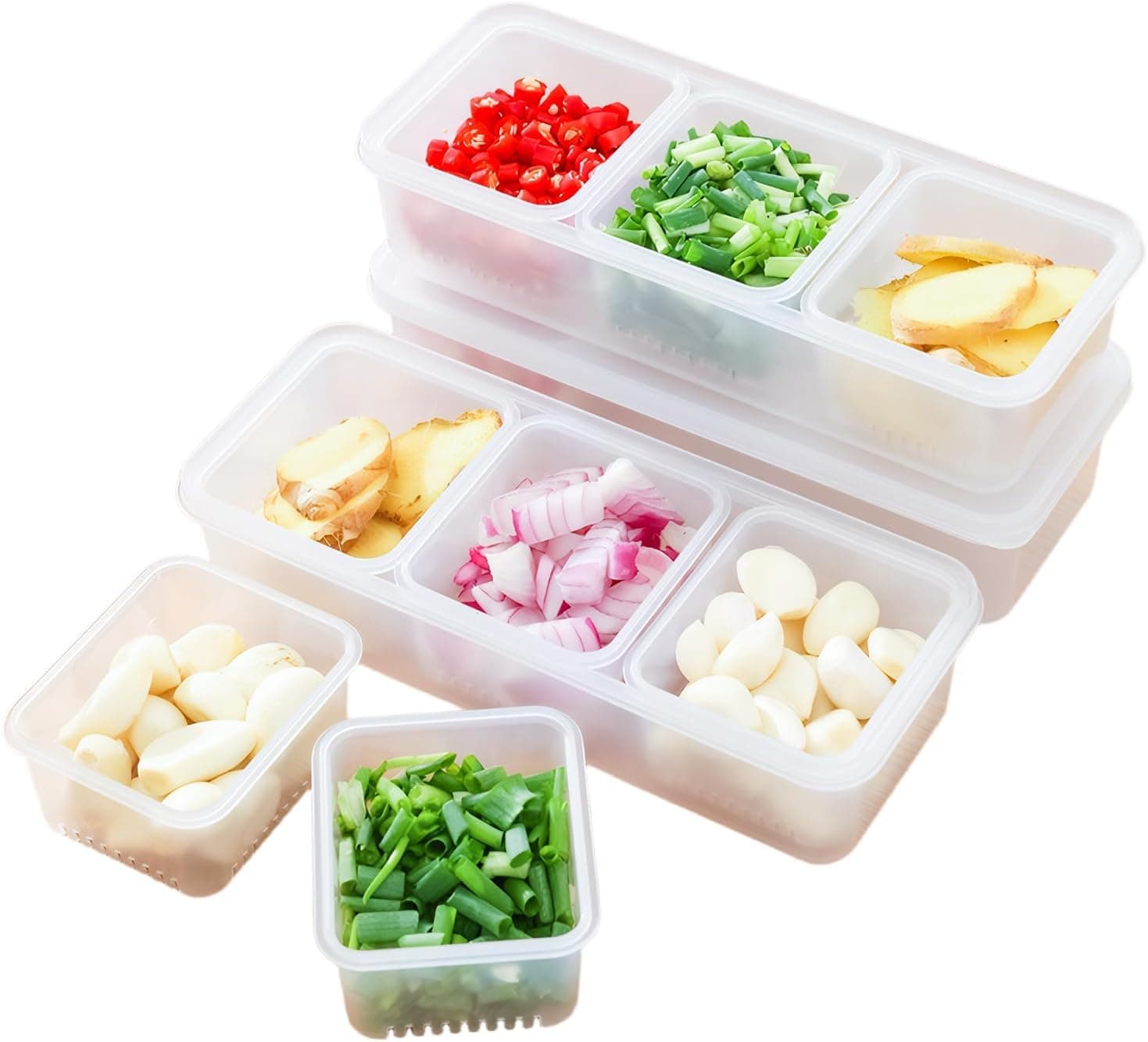 3 Pcs Chilled Ingredient Container, Stackable Food Storage Box, Split Serving Tray with Lid, 9-Compartment Reusable Boxes for Fruit, Salad, Spices, Meal Prep, Kitchen Organization (Transparent)