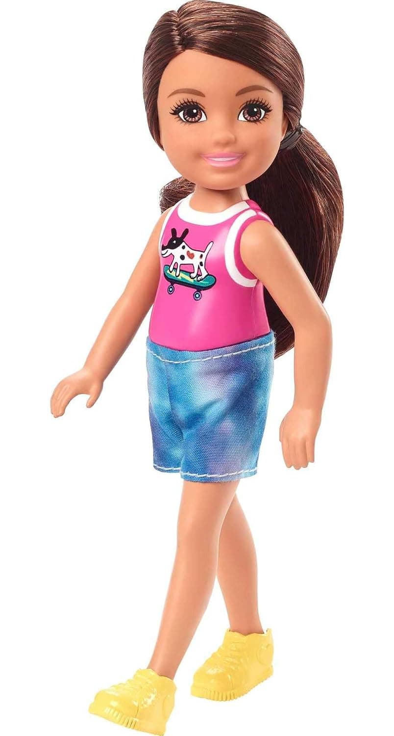 Barbie Chelsea Doll (6-inch Brunette) Wearing Sparkly Skirt, Molded Unicorn Top & Green Shoes, Gift for 3 to 7 Year Olds