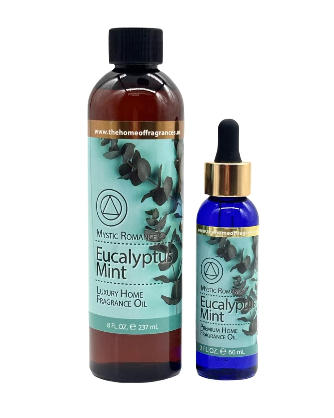 8oz and 2oz Eucalyptus Mint Fragrance Oil Set by Mystic Romance (Two Bottles, one with Dropper) for Ultrasonic Diffuser, Oil Burners, and Potpourri (Pack of 2, Eucalyptus Mint)