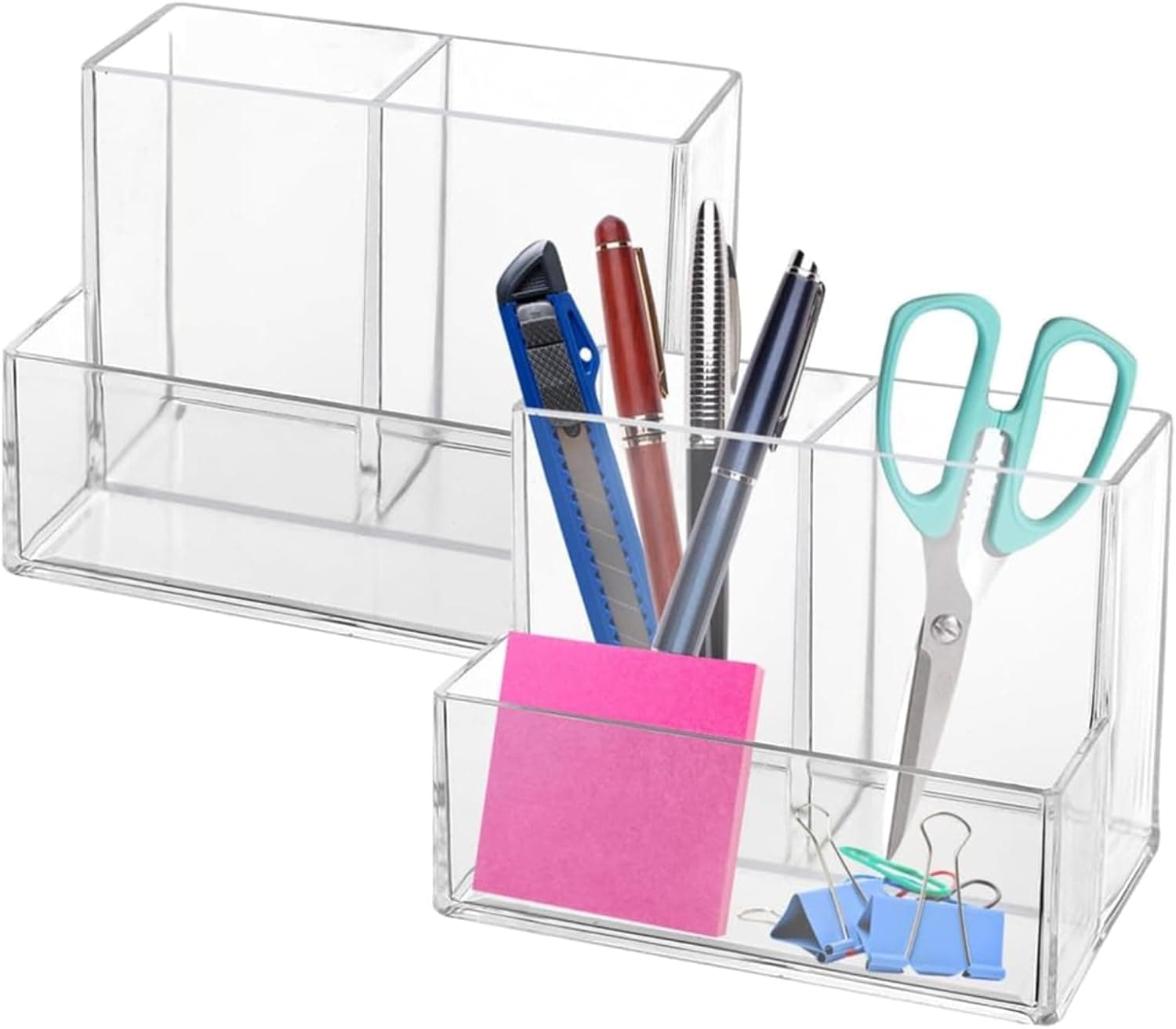 X spring Clear Acrylic Makeup Brush Holder, 2 Pack Office Desk Accessories Set with Multiple Compartments, Clear Acrylic Pen and Brush Holder for Stationery, Makeup Tools, Home Office Organization