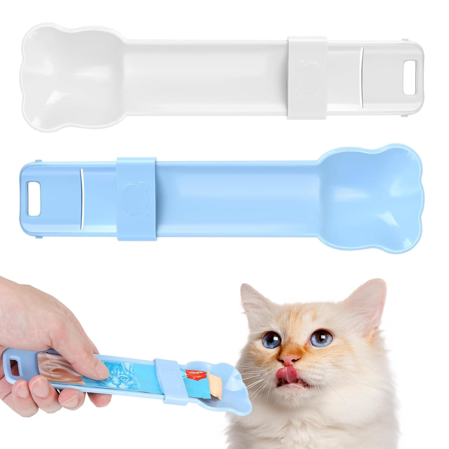 Cat Feeding Spoons, Lickable Puree Treat Dispenser for Wet & Liquid Food, Pet Food Scoop & Mixer Tool for Kittens, Small Cats & Pets, Easy Squeeze Snack Spoon (2 PCS, Blue and White)