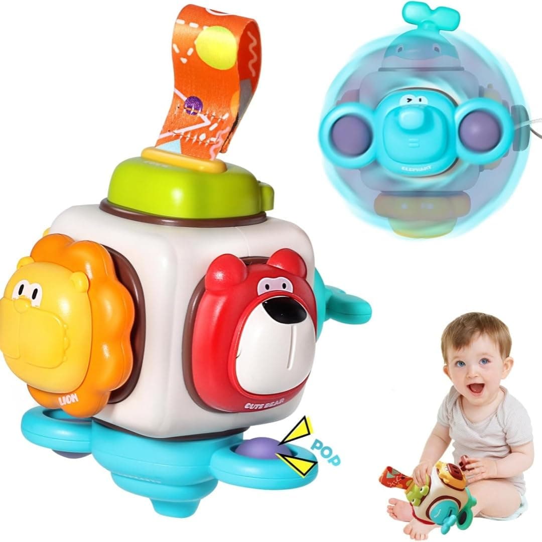 0TO1 Busy Cube for Toddlers, Montessori Busy Board, Sensory Animal Cube Travel Toys, 8 Educational Activities, Infant Carseat Plane Learning Toy Gift for 1 2 3 Year Old Boys Girls
