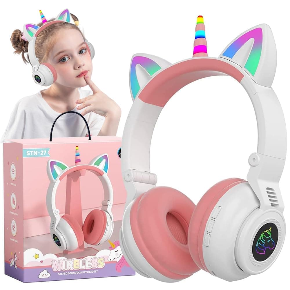 DMG TECH Wireless Bluetooth Headphones, Foldable Unicorn Headphones with LED Light and Mic, Suitable for Tablet, PC, Birthday Gift (White+Pink)