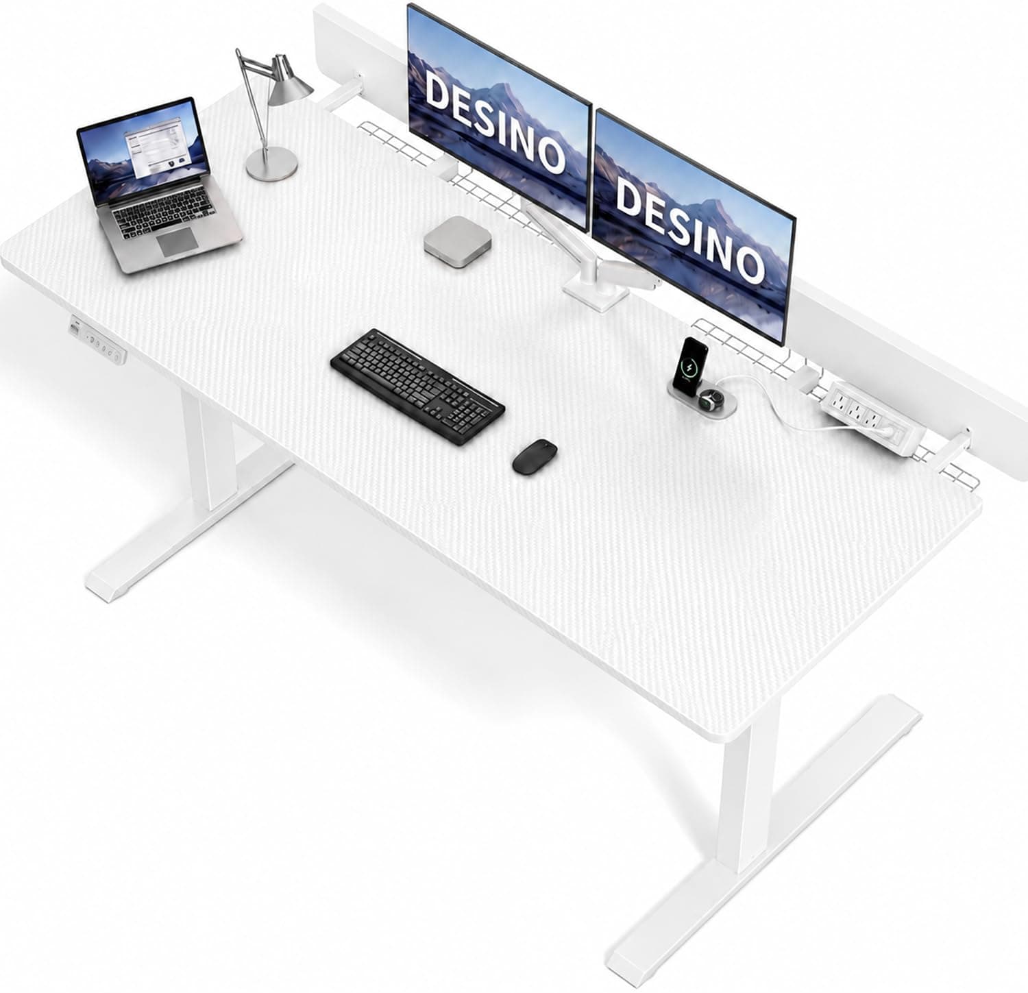DESINO 160CM Large Electric Standing Desk, Height Adjustable Computer Desk, 60CM Deep Desktop, Stand up Gaming Office Table, 2 Preset Heights, for Home Office (White, 160CM)