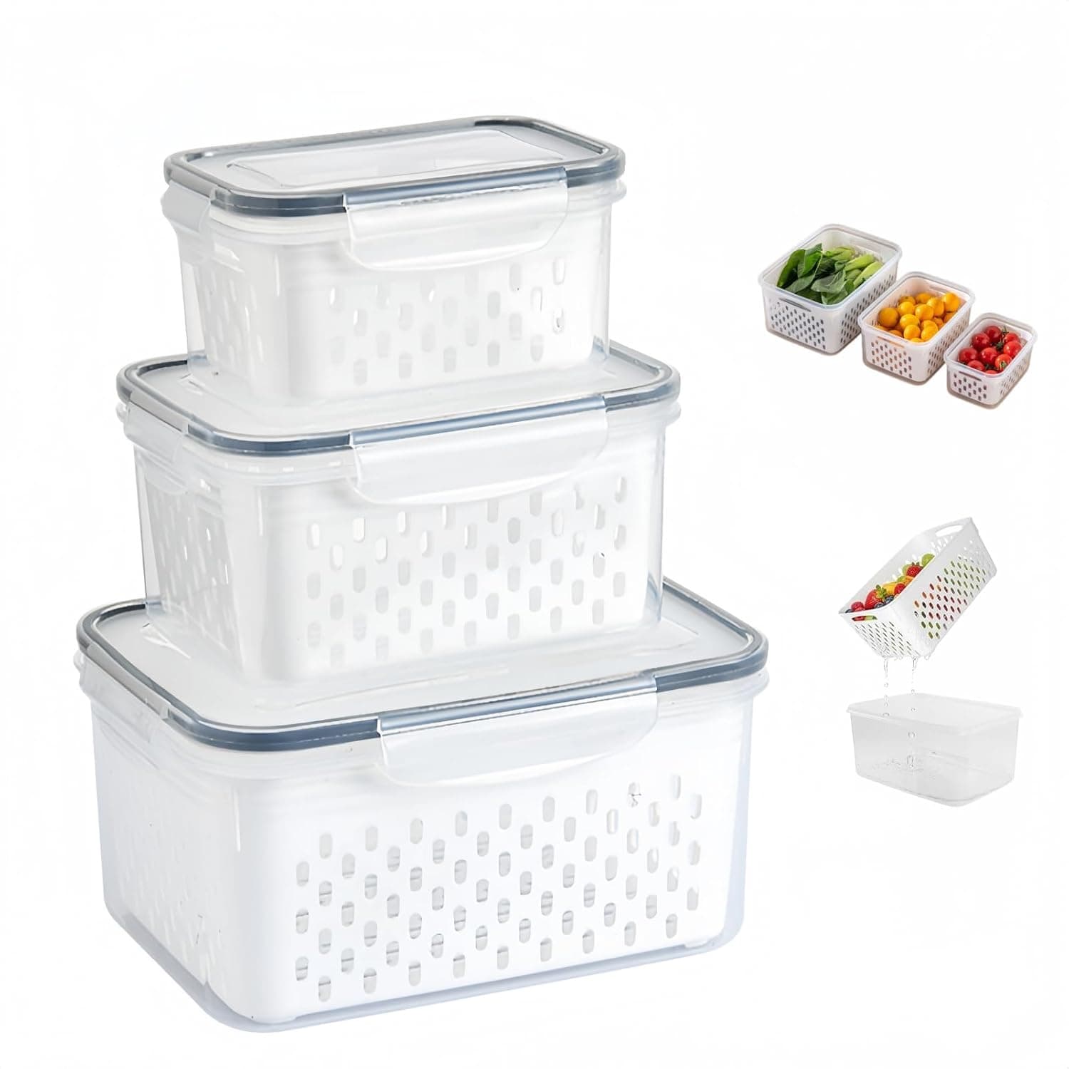 3 Pieces Food Storage Container with Removable Drain Basket, Stackable Plastic Leakproof Airtight Kitchen Food Storage Containers for Fruits, Vegetables and Grain