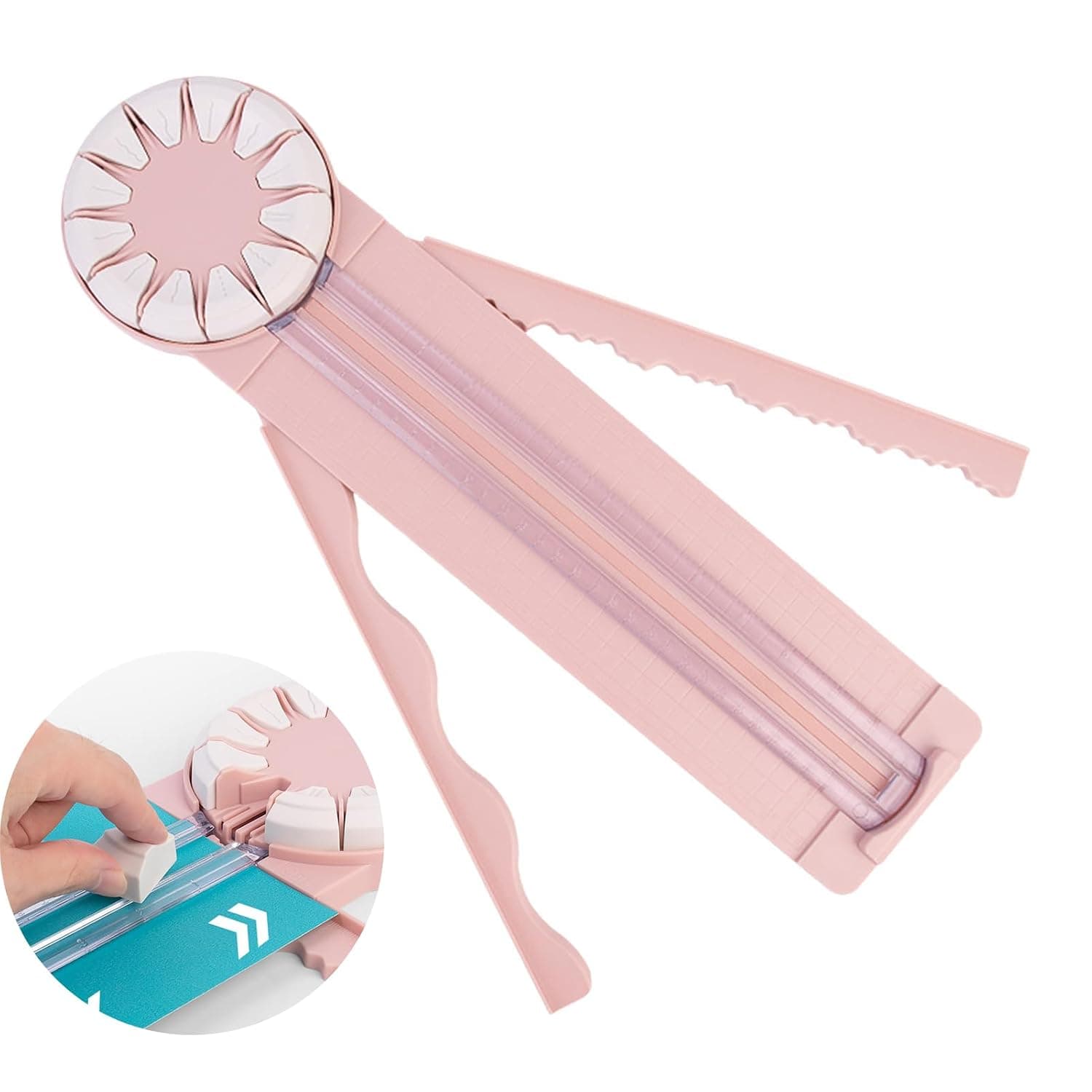 12-in-1 Rotary Paper Cutter, Guillotine Paper Trimmer with 12 Cutting Blade Heads, 360° Rotating Blade, Scrapbooking Tool, Multifunctional Trimmer for Cardstock, Coupons, Labels (Pink)