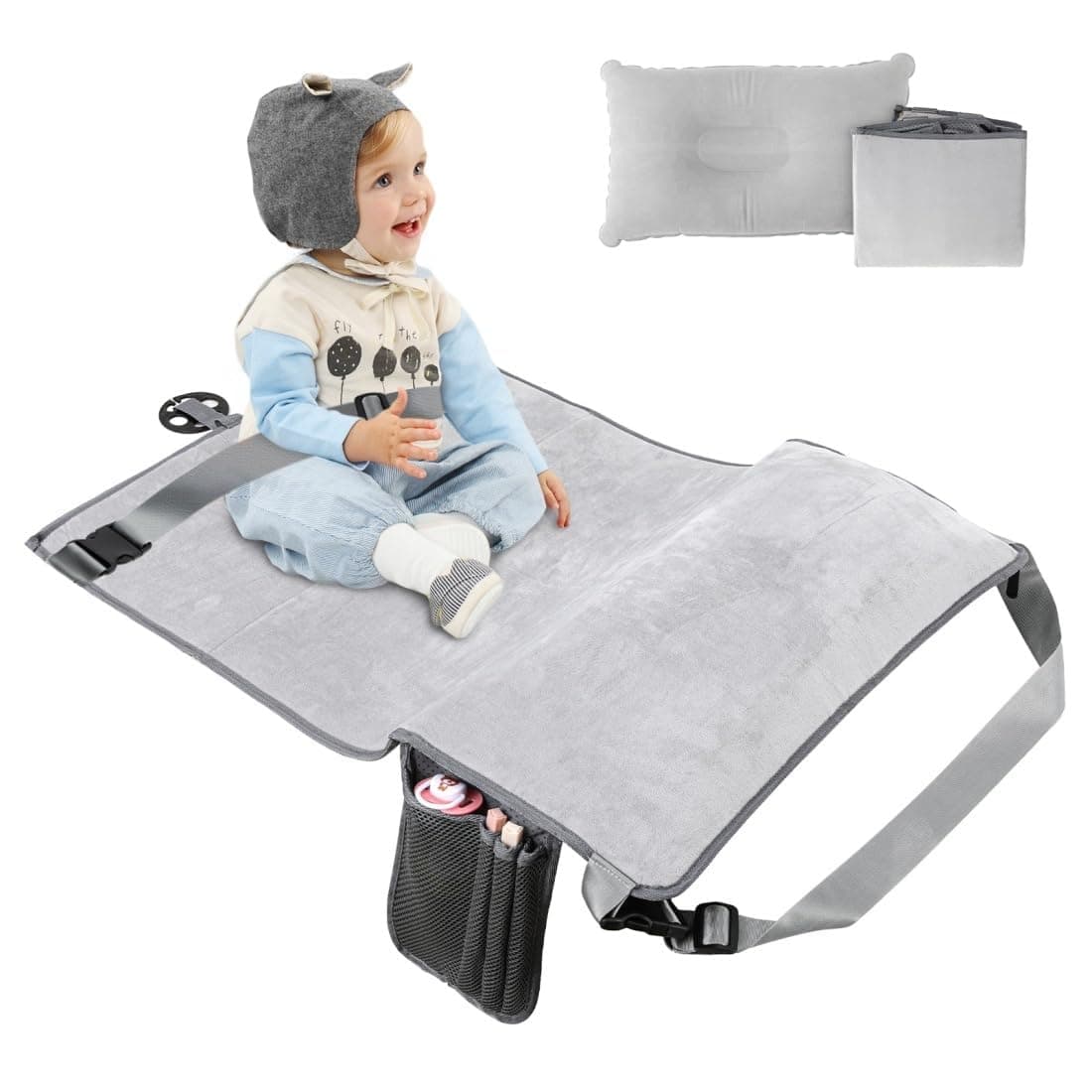 Toddler Airplane Travel Bed, Airplane Travel Essentials Kids, Kids Car Seat Baby Seat Extender, Inflatable Airplane Foot Rest Portable Airplane Travel Bed, Baby Seat Extender (Grey)