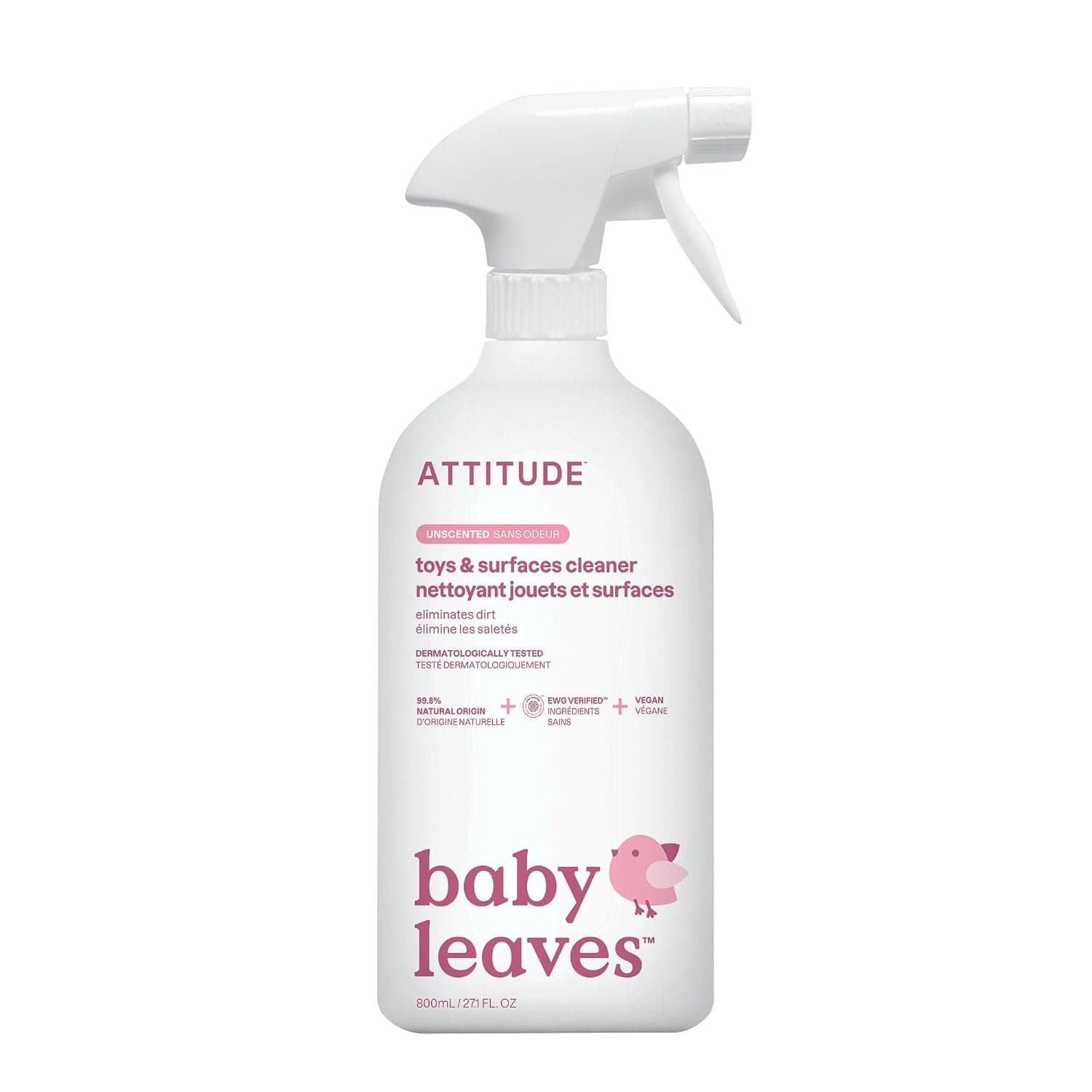 ATTITUDE Natural Baby and Kids Toy Cleaner, EWG Verified, Hypoallergenic and Fragrance-Free, Safe for High-Chairs and Strollers, 800 mL