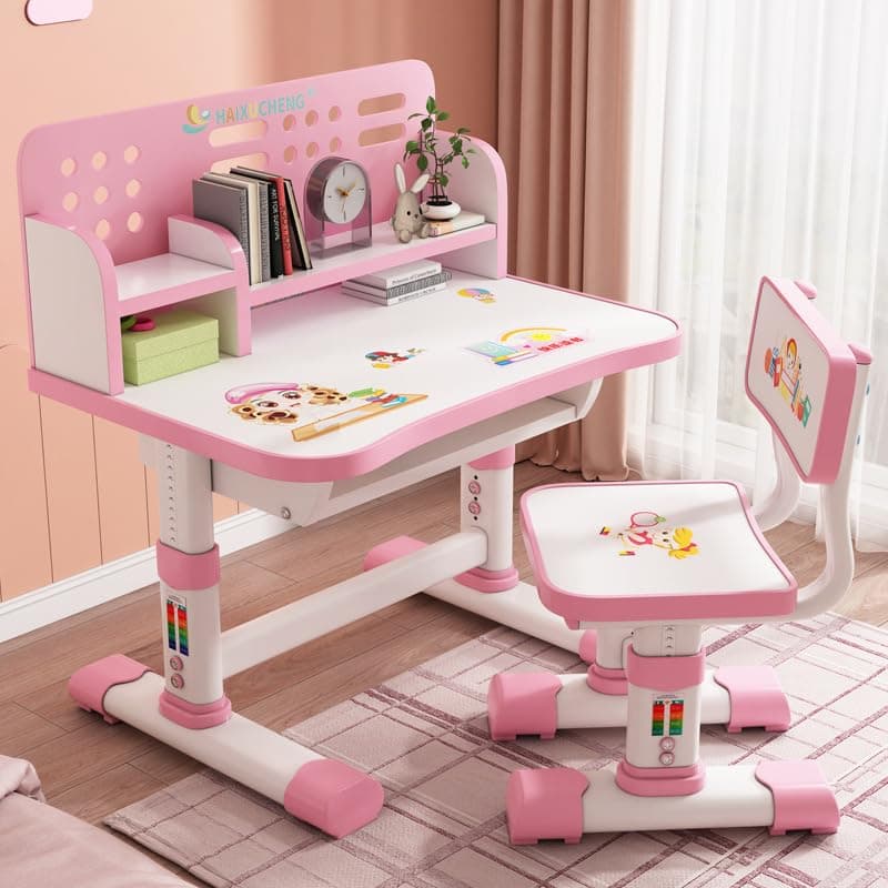 Kids Study Desk with Chair, Height Adjustable Children Table for Kids Room | Kids writing desk with chair for ages 3-18. E1 eco-friendly board, carbon steel support, hand-crank height adjustable.