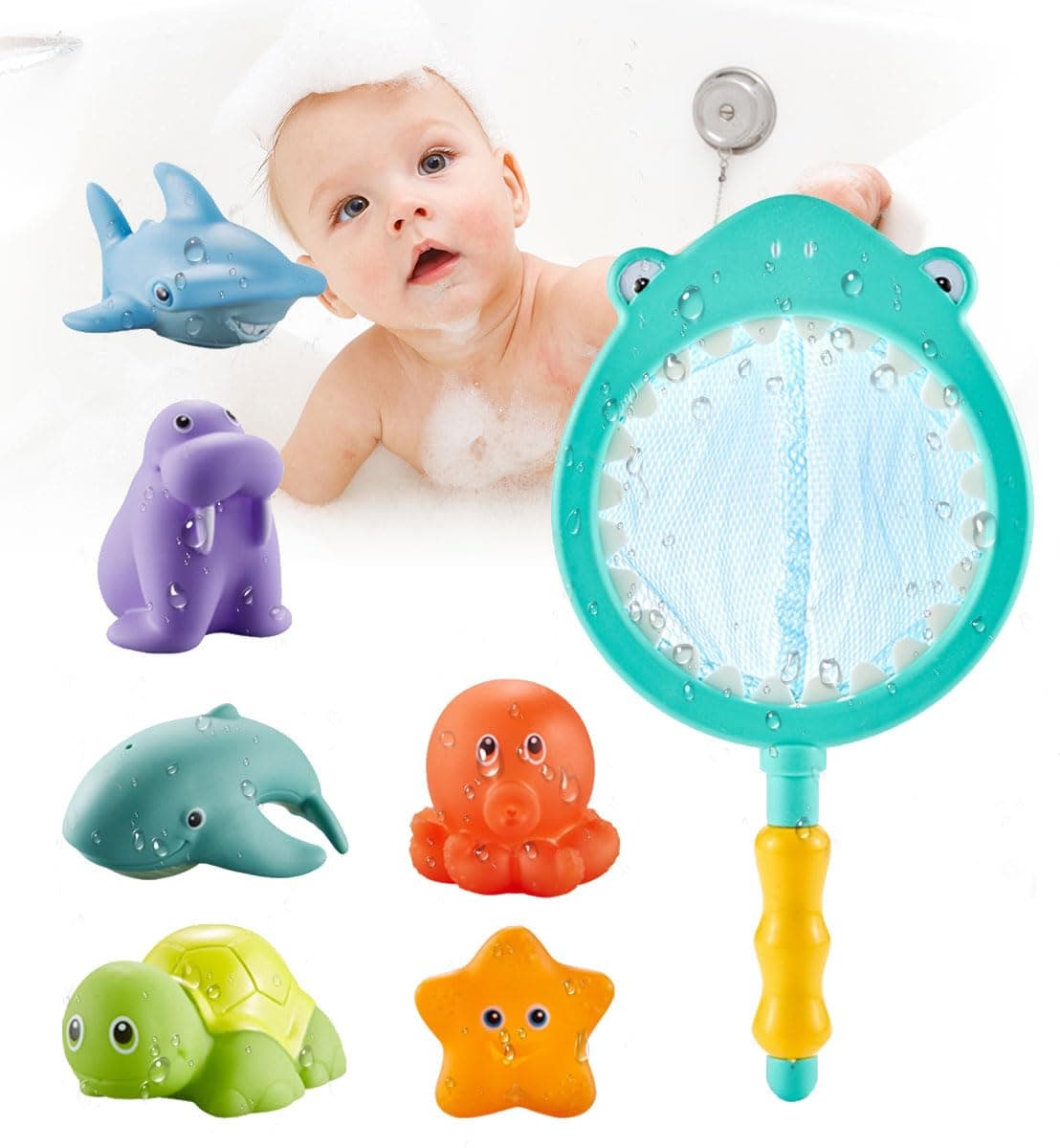 ECVV 7Pcs Baby Bath Toys Toddler Bathtub Toys Water Spraying Floating Animals Shark Fishing Water Beach Toy Swimming Pool Toy for Babies Kids 3+ Years Old