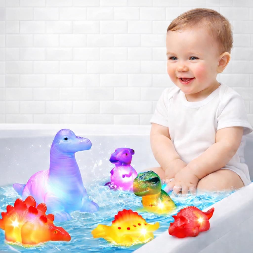 AMERTEER 6-Pack Dinosaur Lightup Bath Tub Toy for Toddler, Flashing Color-Changing Lights in Water, Floating Dino Bathtub Pool Toy for Babies, Infants, Kids, Toddlers, Boys Girls, Preschool Water Play